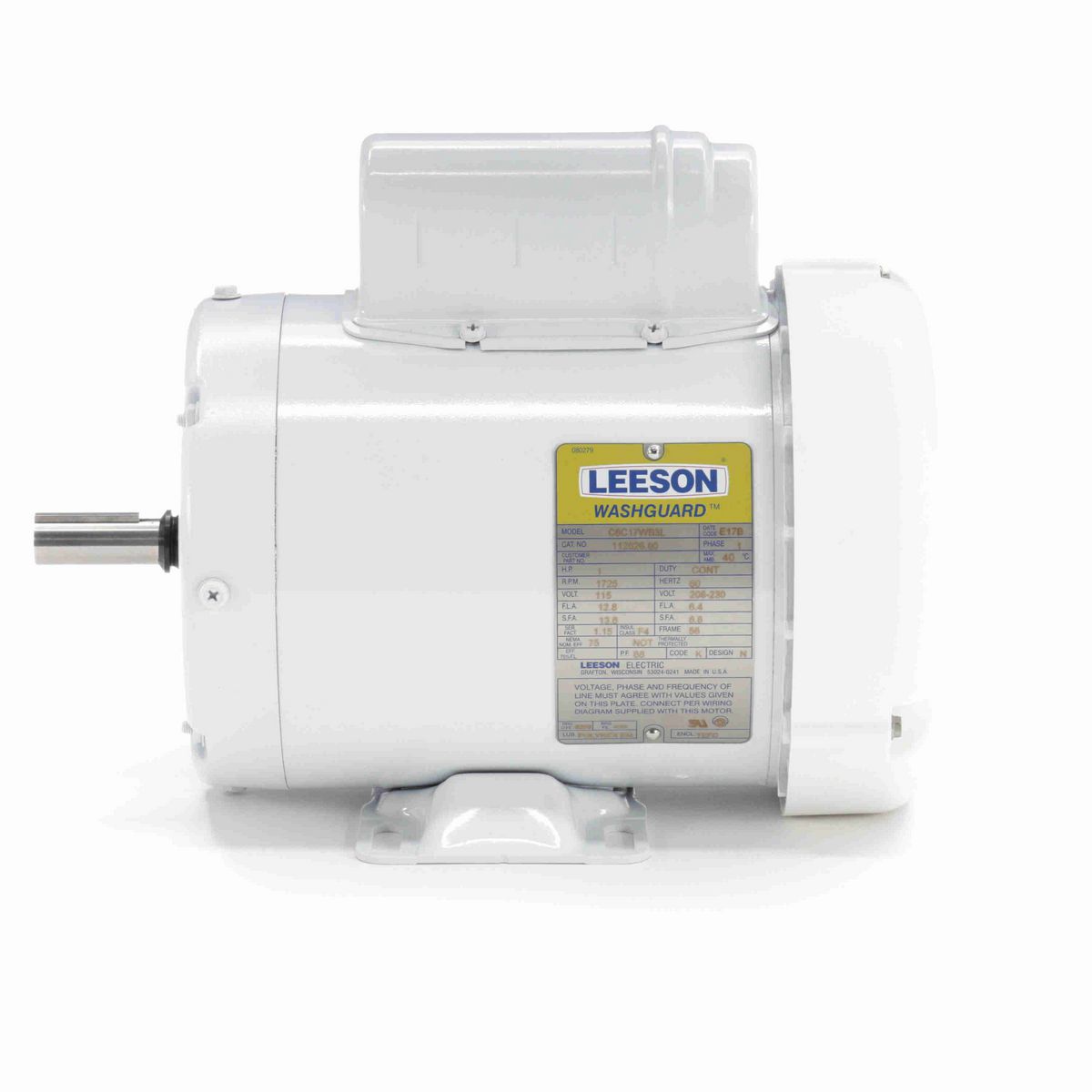 LEESON White Duck™ General Purpose Motor, 1 HP, 1 Ph, 60 Hz, 115/230 V, 1800 RPM, 56 Frame, TEFC - 112626.00