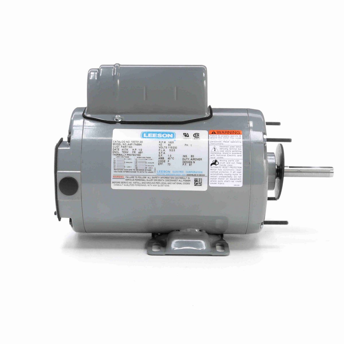 LEESON Agricultural Motor, 0.50 HP, 1 Ph, 60 Hz, 115/230 V, 1800 RPM, 48Y Frame, TEAO - 100701.00