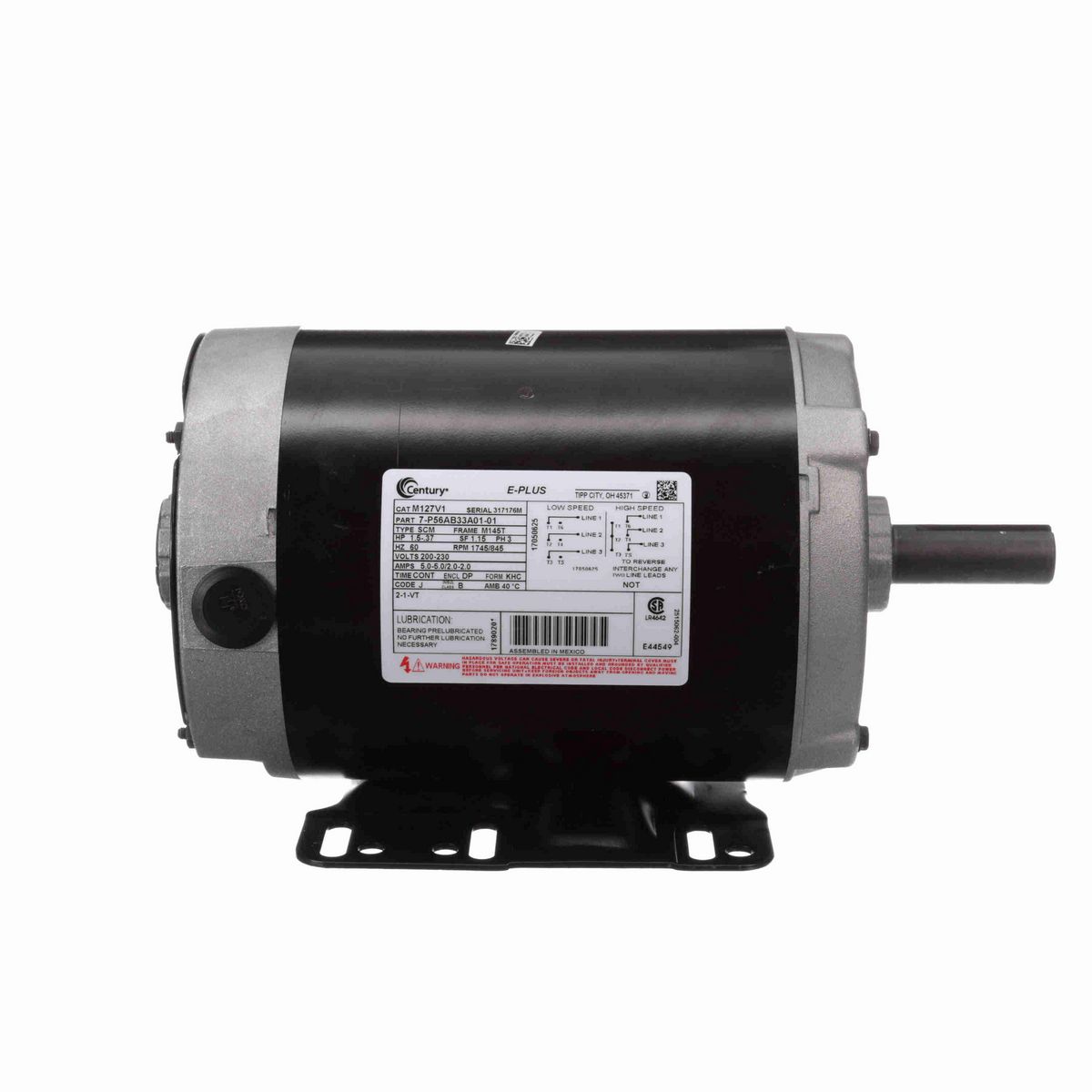Century General Purpose Motor, 1.5-.37 HP, 3 Ph, 60 Hz, 200-230 V, 1800 RPM, M145T Frame, DP - M127V1