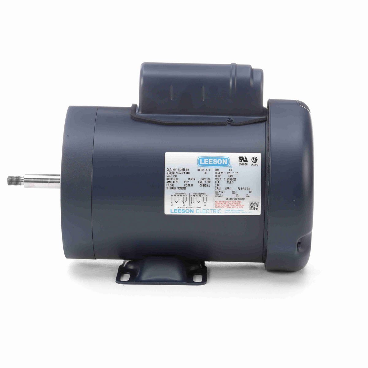 LEESON Jet Pump Motor, 1.50 HP, 1 Ph, 60 Hz, 115/230 V, 3600 RPM, 56J Frame, TEFC - 113958.00
