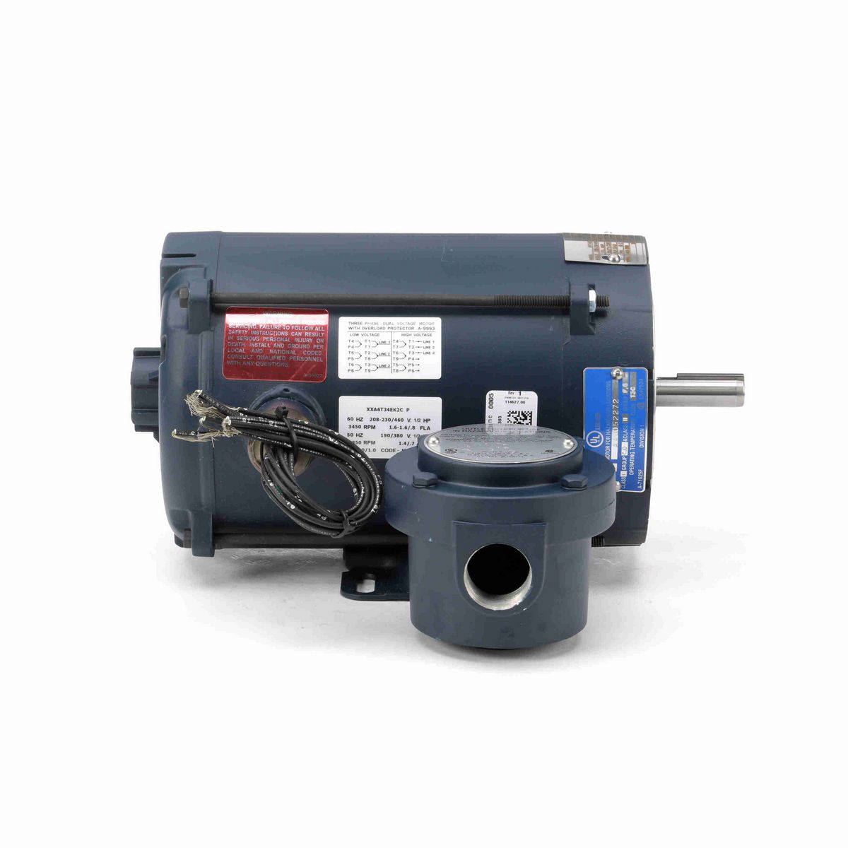 LEESON Explosion Proof Motor, 0.50 & 0.33 HP, 3 Ph, 60 & 50 Hz, 208-230/460 & 190/380 V, 3600 & 3000 RPM, 56C Frame, EPNV - 114627.00