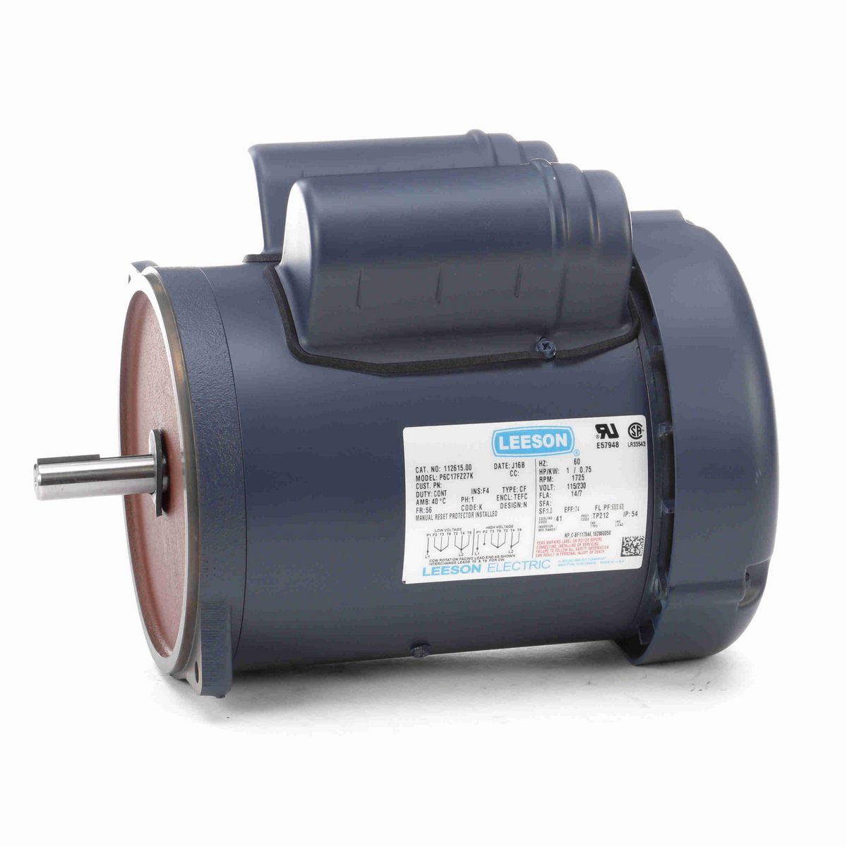 LEESON Auger Drive Motor, 1 HP, 1 Ph, 60 Hz, 115/230 V, 1800 RPM, 56 Frame, TEFC - 112615.00