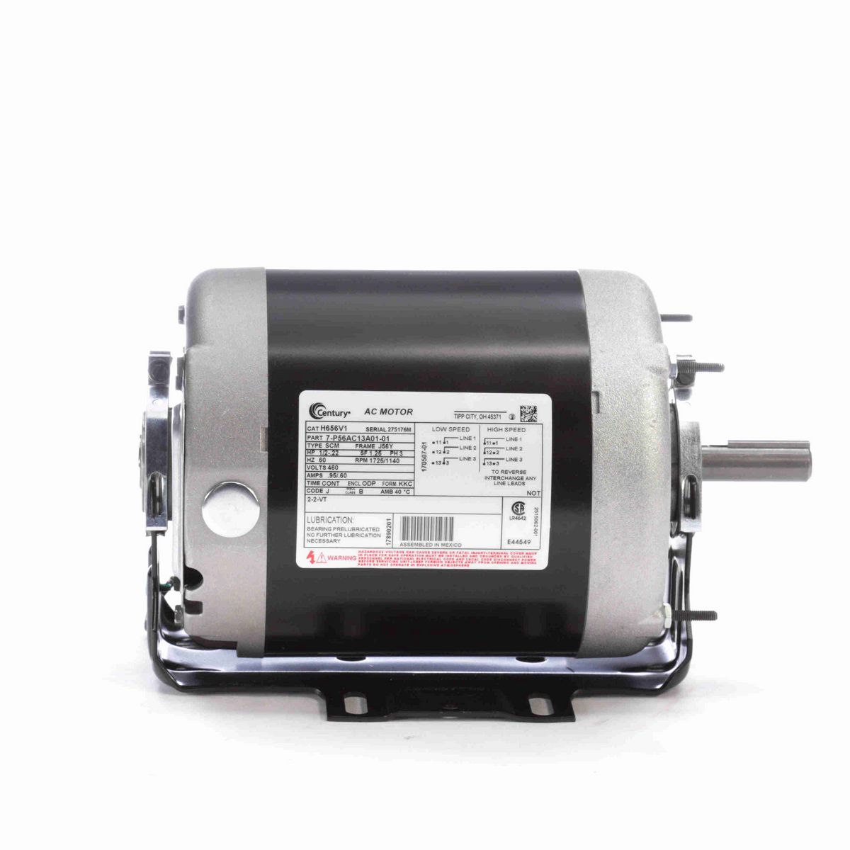 Century Fan and Blower Motor, 1/2-.22 HP, 3 Ph, 60 Hz, 460 V, 1800 RPM, J56Y Frame, ODP - H656V1