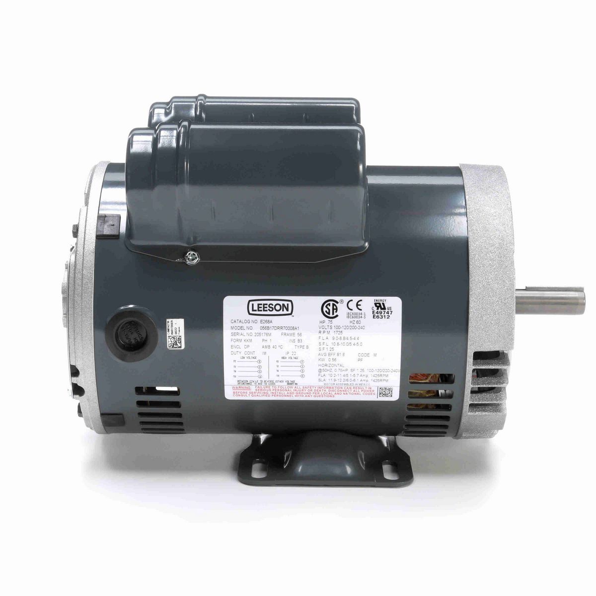 LEESON General Purpose Motor, 0.75 & 0.75 HP, 1 Ph, 60 & 50 Hz, 120/240 & 100-120/200-240 V, 1800 & 1500 RPM, 56C Frame, DP - E268A
