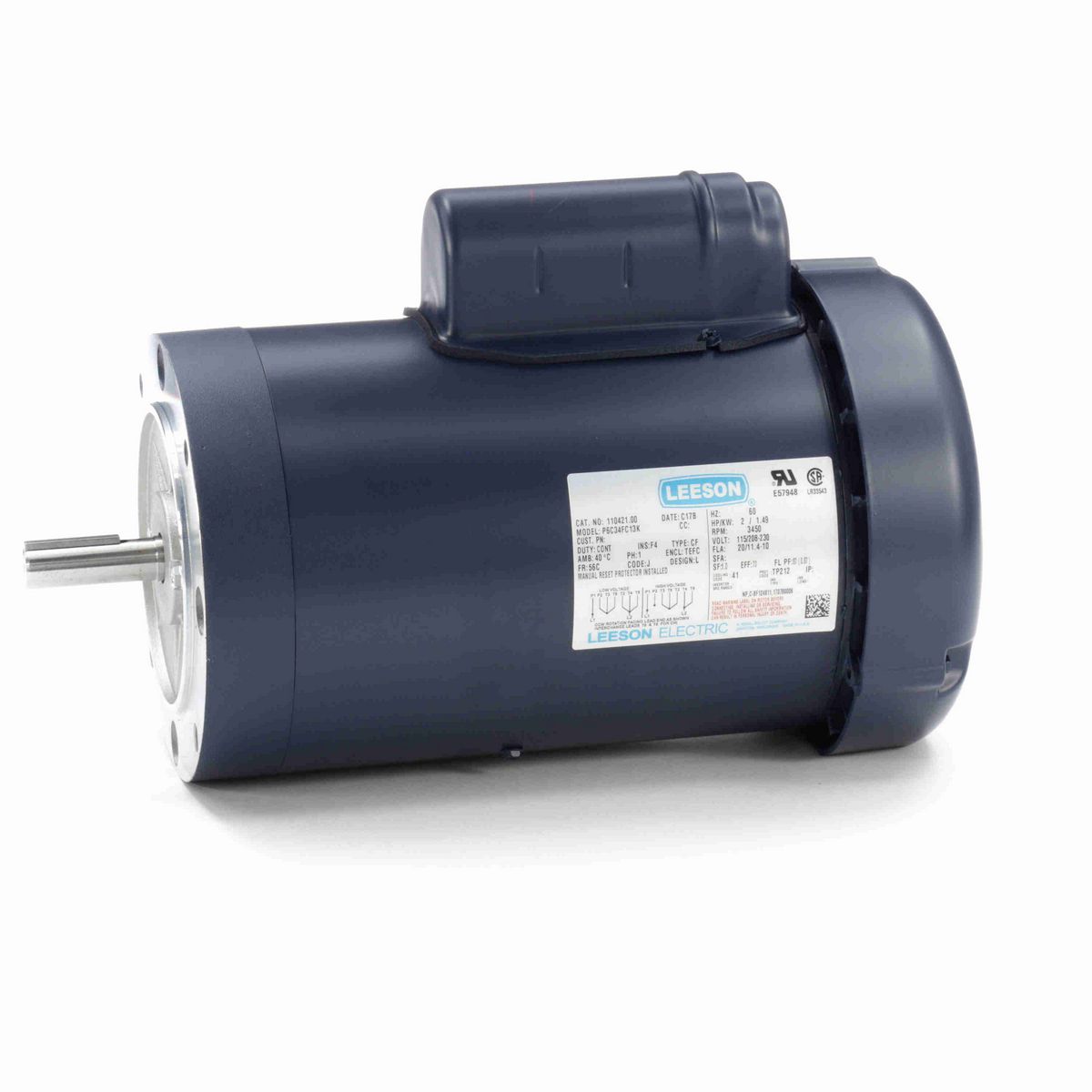 LEESON General Purpose Motor, 2 HP, 1 Ph, 60 Hz, 115/230 V, 3600 RPM, 56C Frame, TEFC - 110421.00