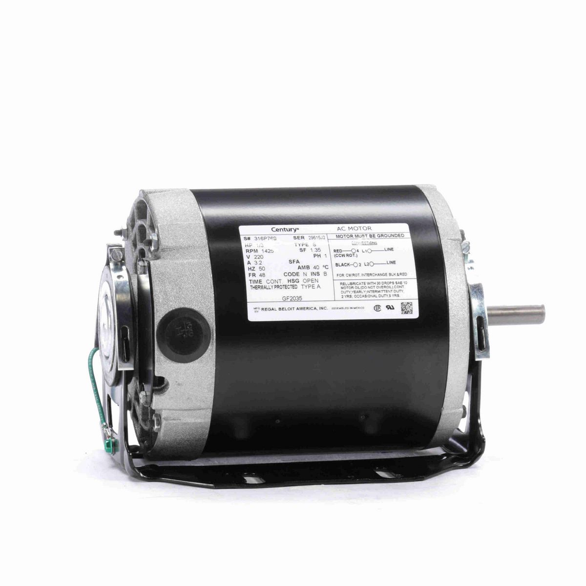 Century Fan and Blower Motor, 1/3 HP, 1 Ph, 50 Hz, 220 V, 1500 RPM, 48 Frame, OPEN - GF2035
