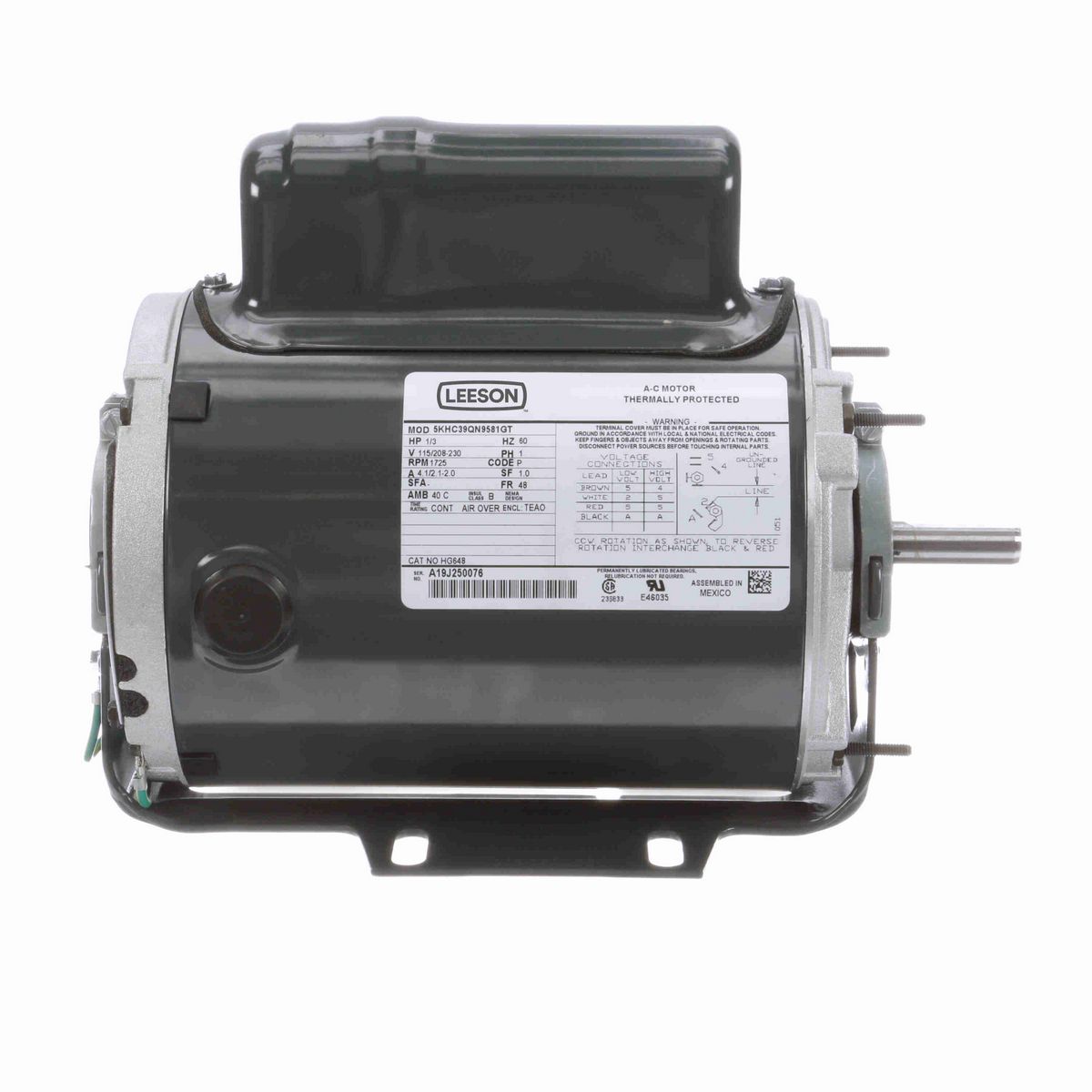 LEESON General Purpose Farm Duty Motor, 0.33 HP, 1 Ph, 60 Hz, 115/208-230 V, 1800 RPM, 48 Frame, TEAO - HG648
