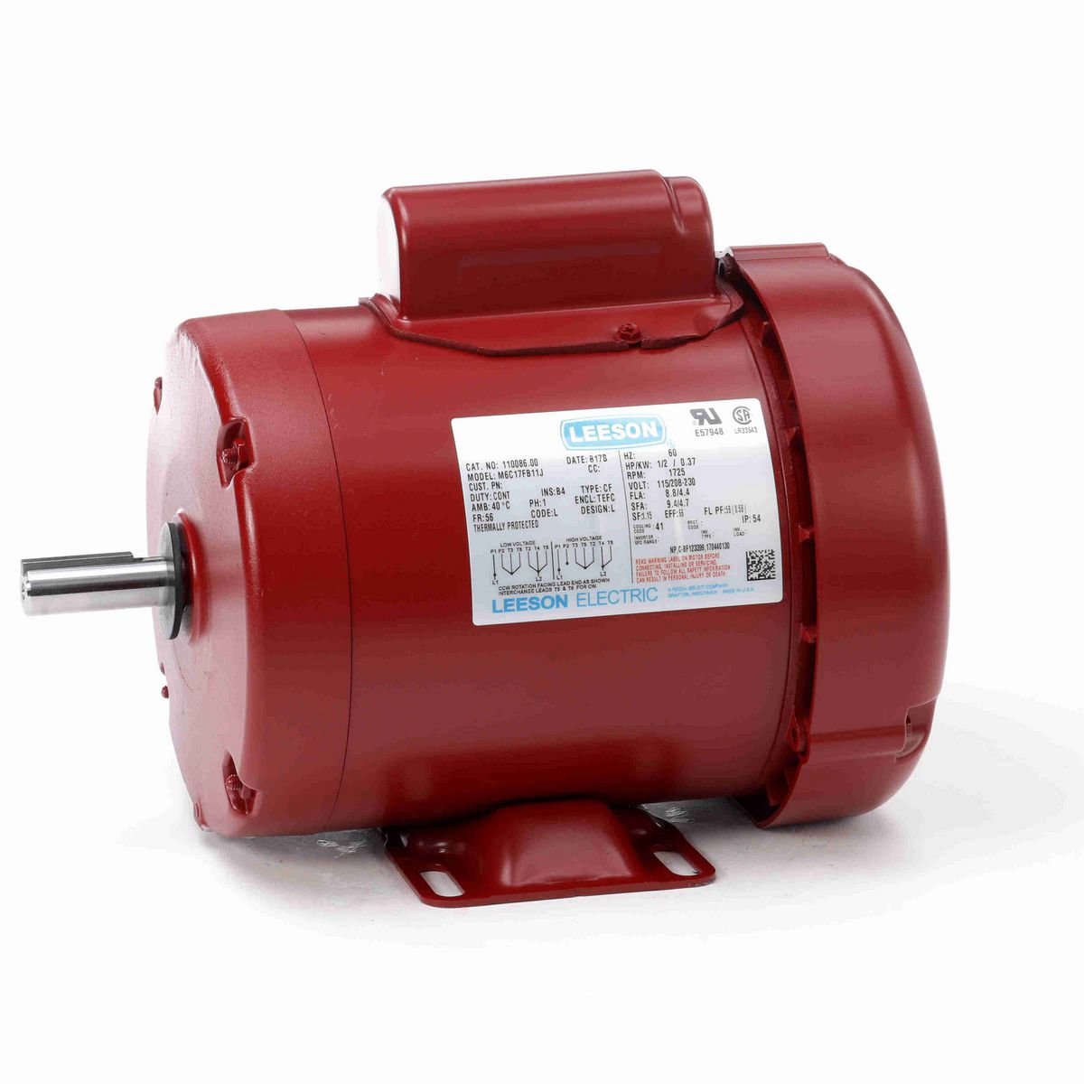 LEESON Agricultural Motor, 0.50 HP, 1 Ph, 60 Hz, 115/230 V, 1800 RPM, 56 Frame, TEFC - 110086.00