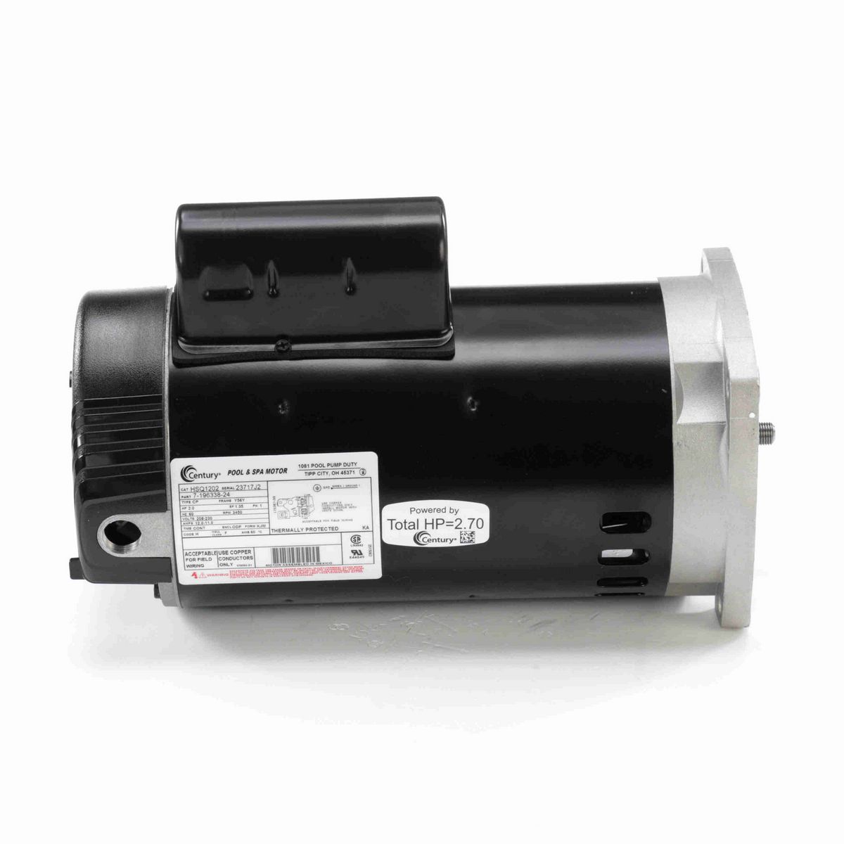 Century Pool Pump Motor, 2.0 HP, 1 Ph, 60 Hz, 208-230 V, 3600 RPM, Y56Y Frame, ODP - HSQ1202
