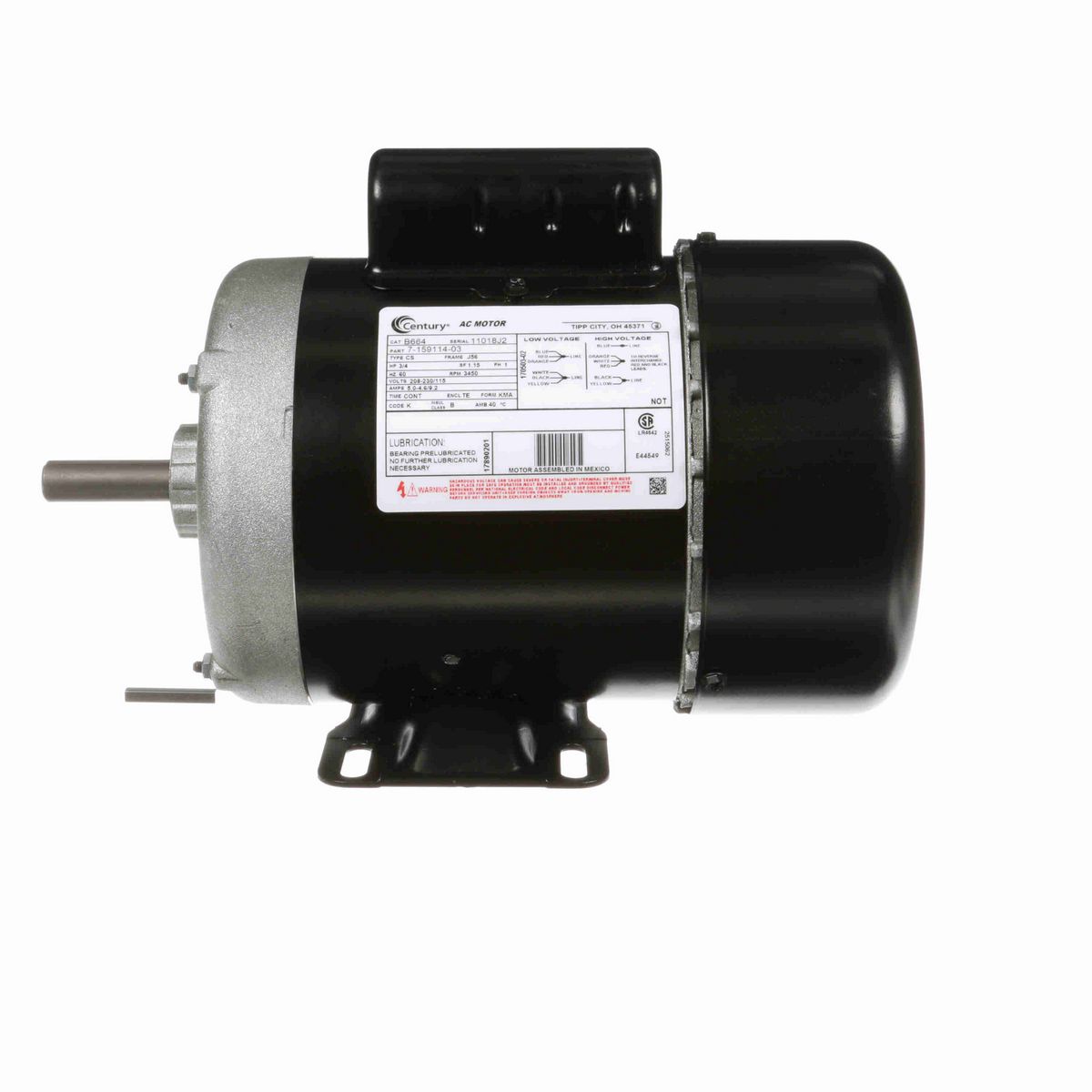 Century General Purpose Motor, 3/4 HP, 1 Ph, 60 Hz, 208-230/115 V, 3600 RPM, J56 Frame, TEFC - B664