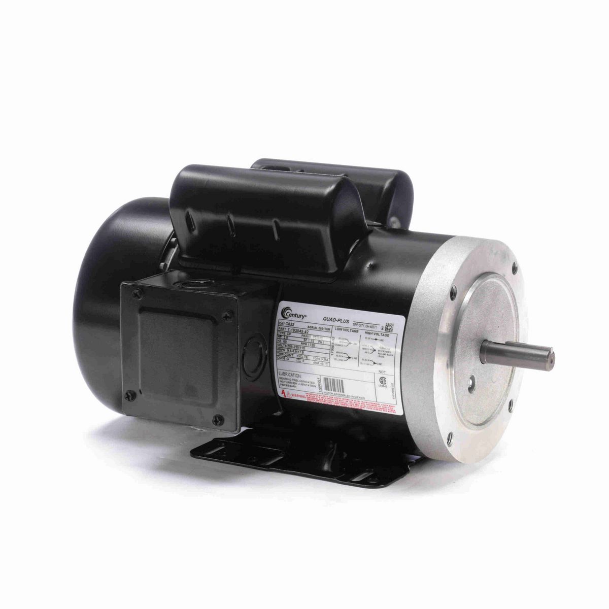Century General Purpose Motor, 2.0 HP, 1 Ph, 60 Hz, 208-230/115 V, 1800 RPM, P56HC Frame, TEFC - C832