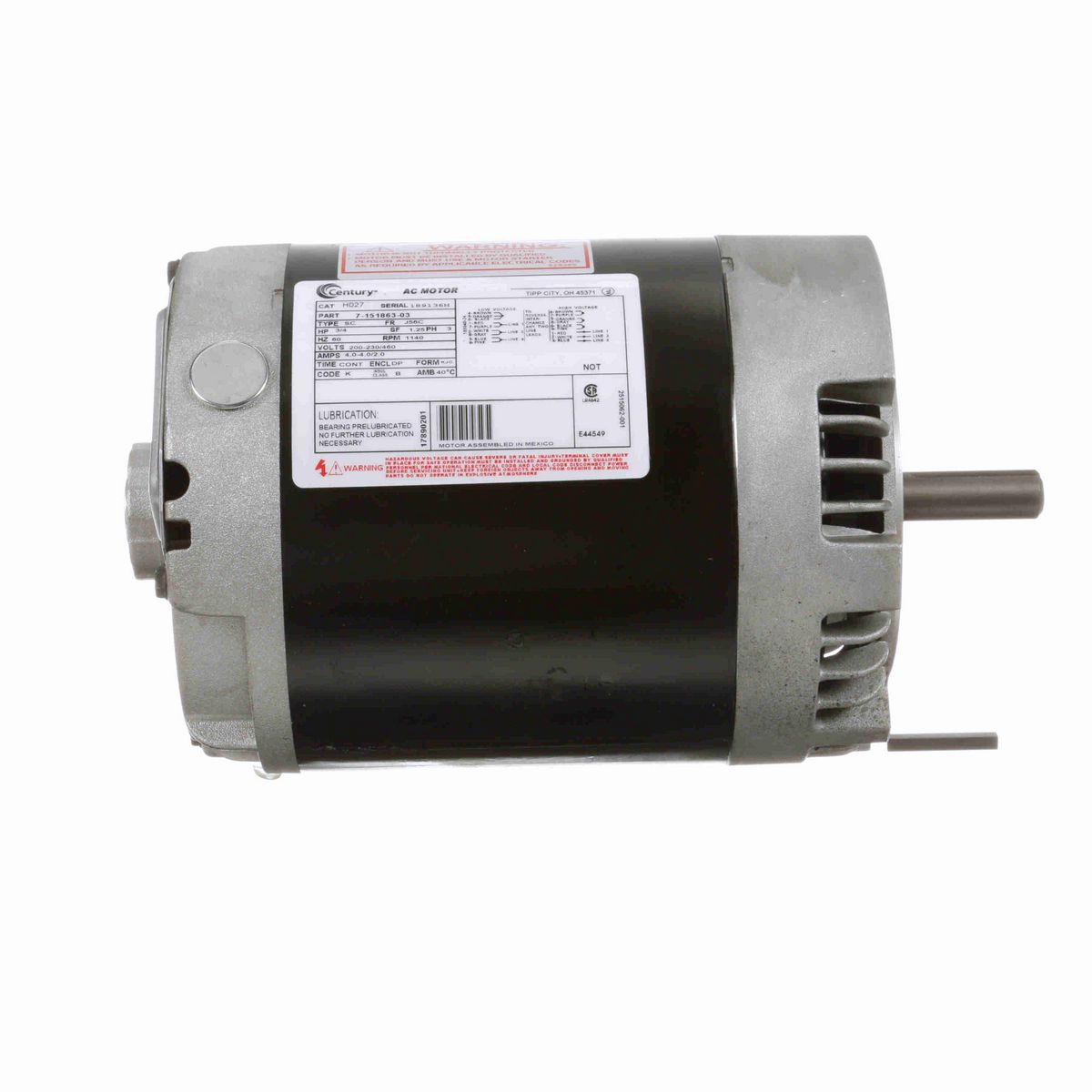 Century General Purpose Motor, 3/4 HP, 3 Ph, 60 Hz, 200-230/460 V, 1200 RPM, J56C Frame, DP - H027