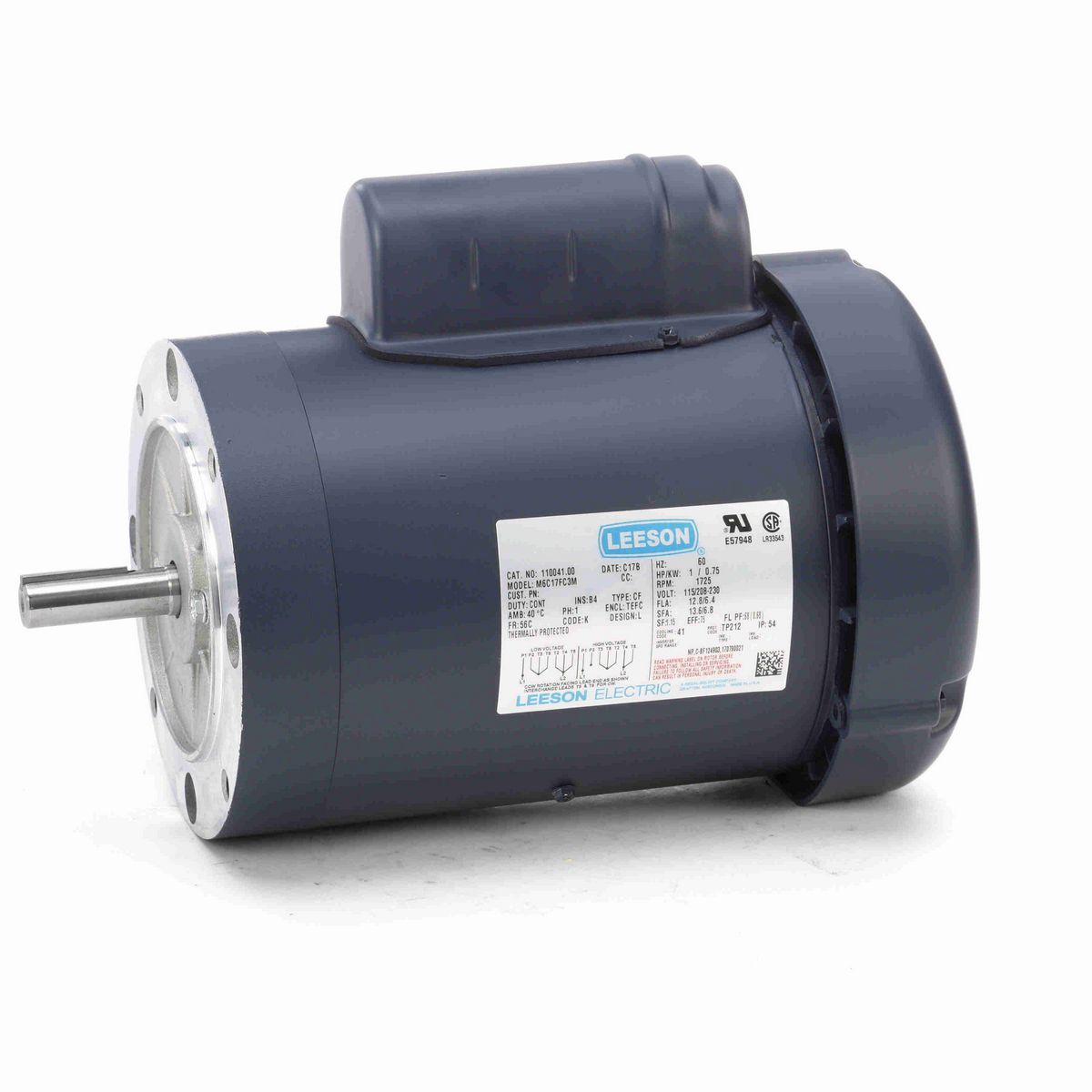 LEESON General Purpose Motor, 1 HP, 1 Ph, 60 Hz, 115/230 V, 1800 RPM, 56C Frame, TEFC - 110041.00