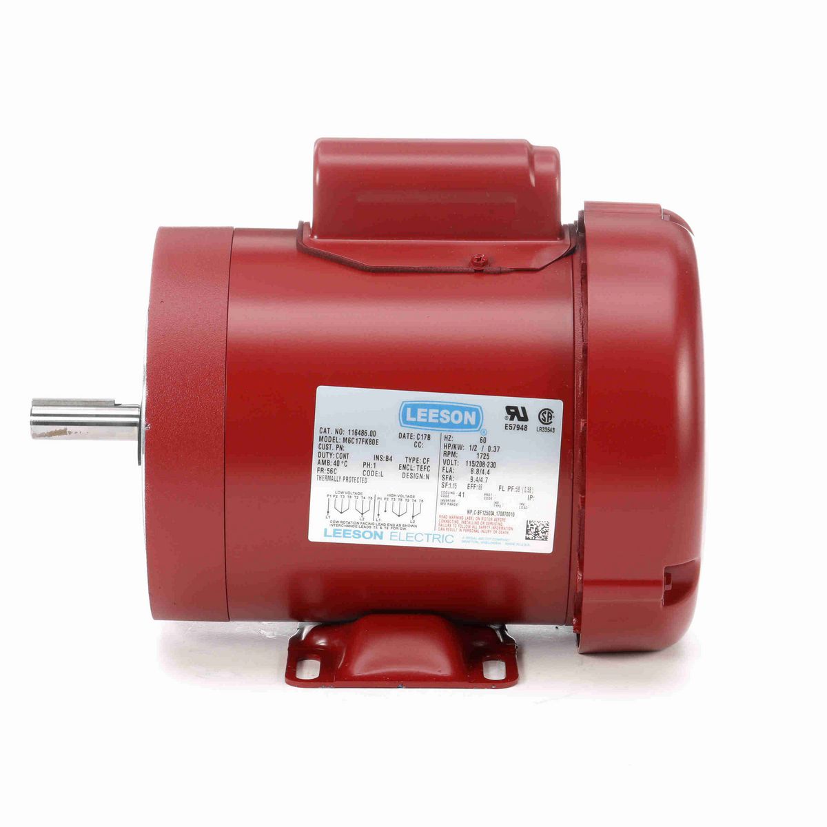 LEESON General Purpose Motor, 0.50 HP, 1 Ph, 60 Hz, 115/230 V, 1800 RPM, 56C Frame, TEFC - 116486.00