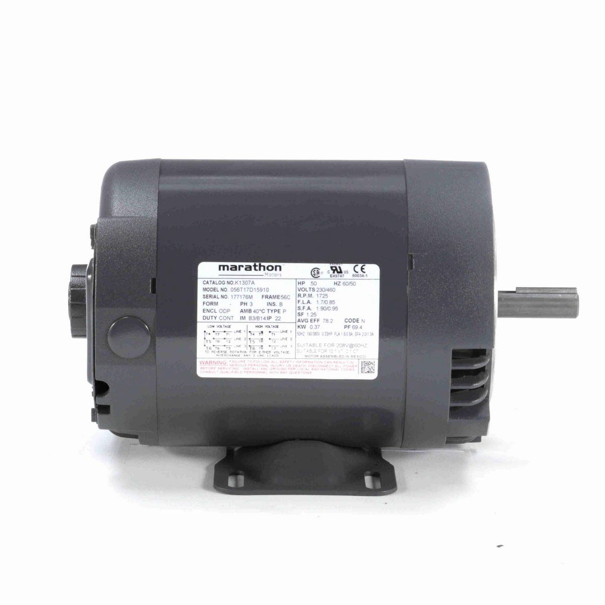 LEESON General Purpose Motor, 0.50 & 0.33 HP, 3 Ph, 60 & 50 Hz, 230/460 & 190/380 V, 1800 & 1500 RPM, 56C Frame, DP - K1307A