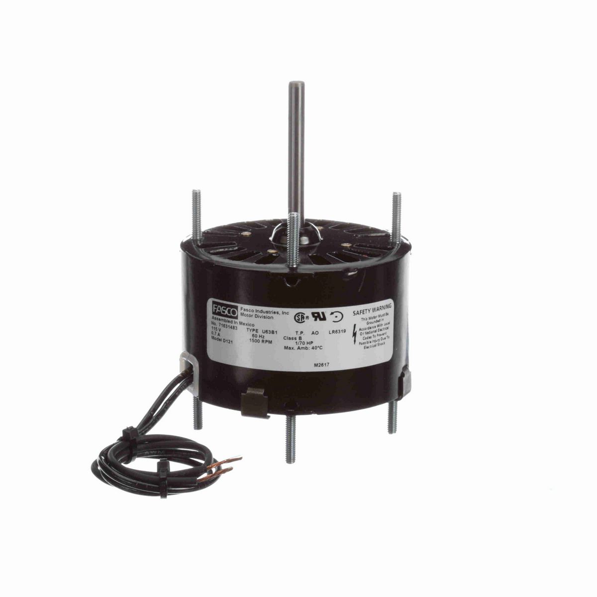 FASCO Fan and Blower Motor, 1/70 HP, 1 Ph, 60 Hz, 115 V, 1500 RPM, 1 Speed, 3.3" Diameter, OAO - D121