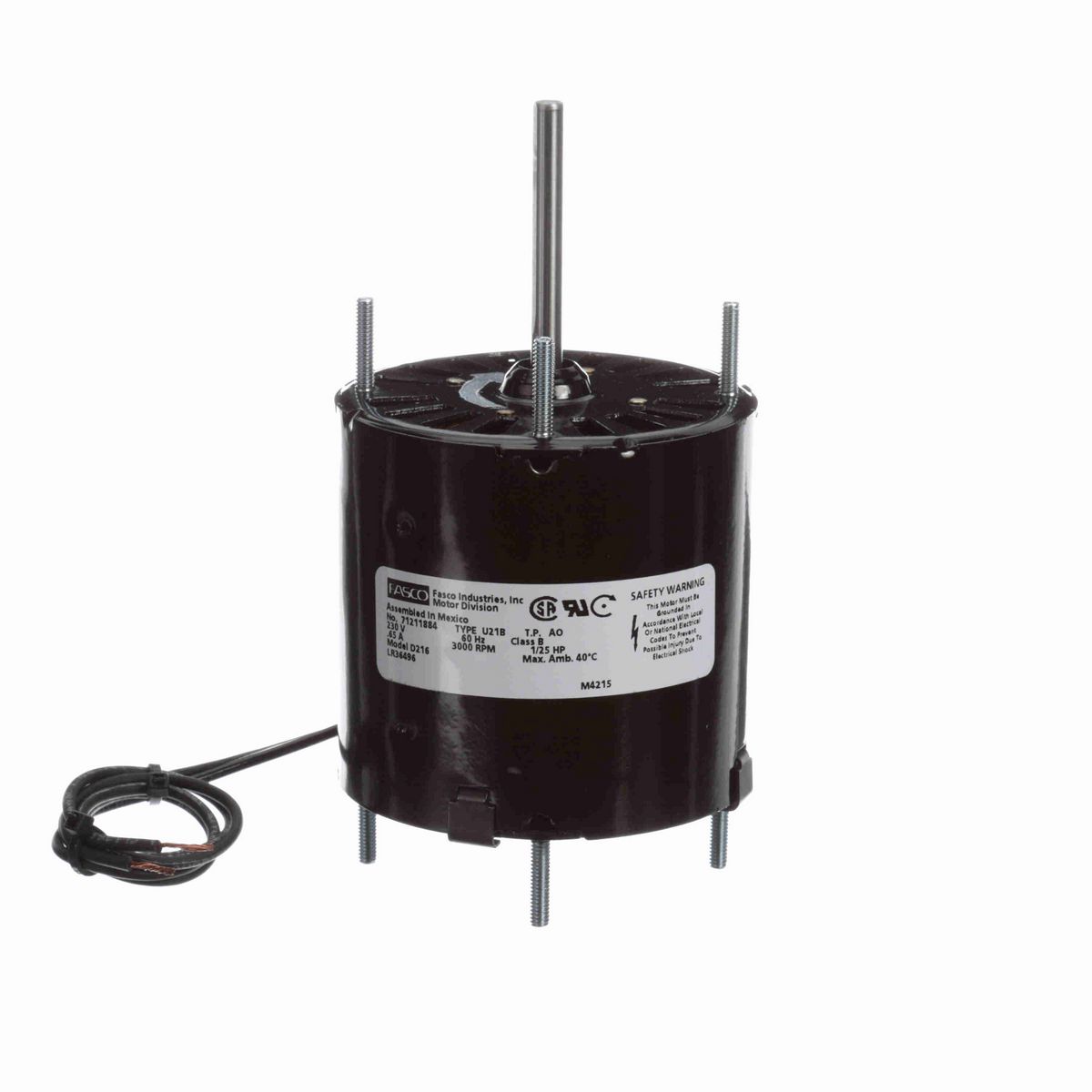 FASCO Fan and Blower Motor, 1/25 HP, 1 Ph, 60 Hz, 230 V, 3000 RPM, 1 Speed, 3.3" Diameter, OAO - D216