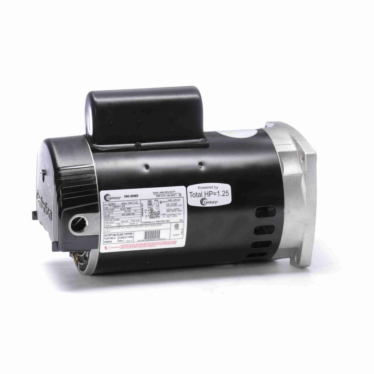 Century Pool Pump Motor, .75/.10 HP, 1 Ph, 60 Hz, 115 V, 3600 RPM, R56Y Frame, DP - B2981