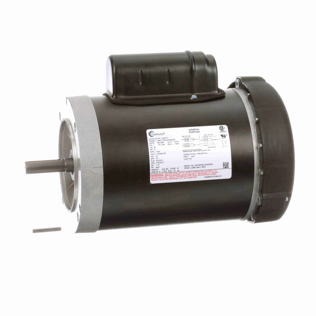 Century General Purpose Motor, .5 HP, 1 Ph, 60 Hz, 115/208-230 V, 1800 RPM, 56C Frame, TEFC - C907V1