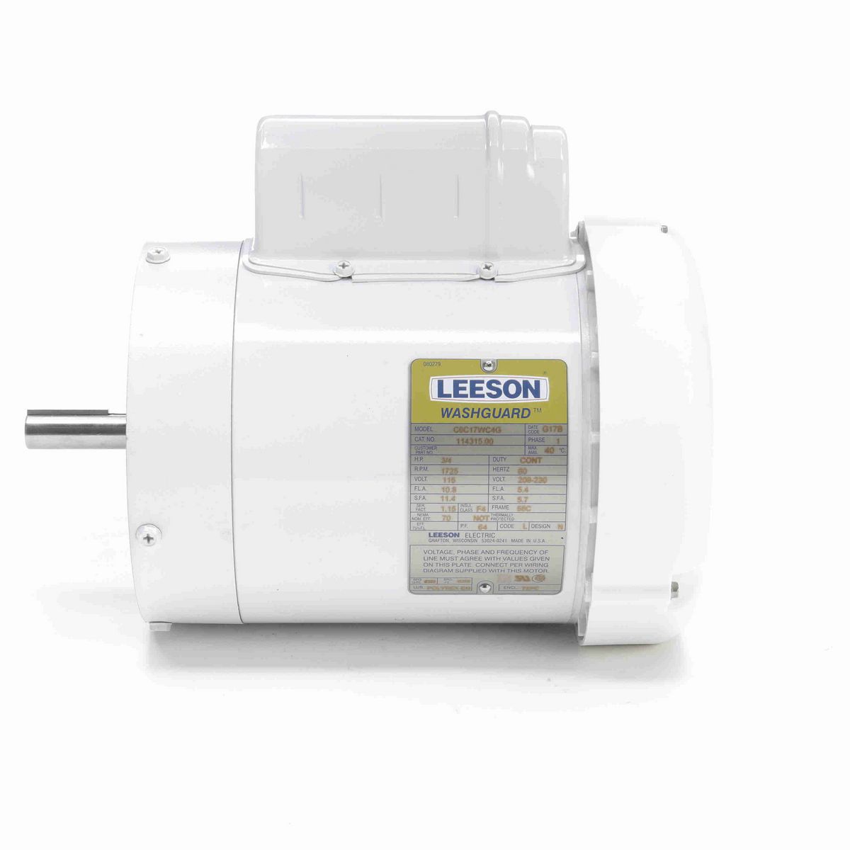 LEESON White Duck™ General Purpose Motor, 0.75 HP, 1 Ph, 60 Hz, 115/230 V, 1800 RPM, 56C Frame, TEFC - 114315.00