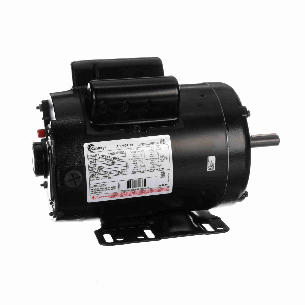 Century General Purpose Farm Duty Motor, 1.0 HP, 1 Ph, 60 Hz, 115/230 V, 1800 RPM, M56H Frame, TEAO - C593