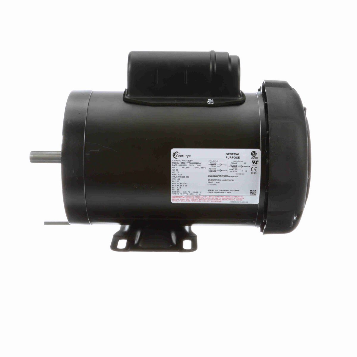Century General Purpose Motor, .75 HP, 1 Ph, 60 Hz, 115/208-230 V, 1800 RPM, 56C Frame, TEFC - C828V1