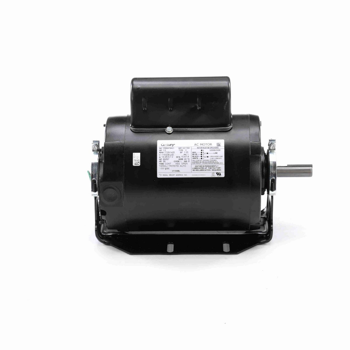Century Refrigeration Motor, 1.0 HP, 1 Ph, 60 Hz, 115/208-230 V, 1800 RPM, 56 Frame, OPEN - V1104BL