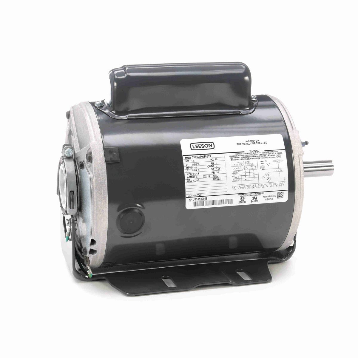 LEESON General Purpose Motor, 0.33 HP, 1 Ph, 60 Hz, 115/230 V, 1200 RPM, 56 Frame, DP - C548