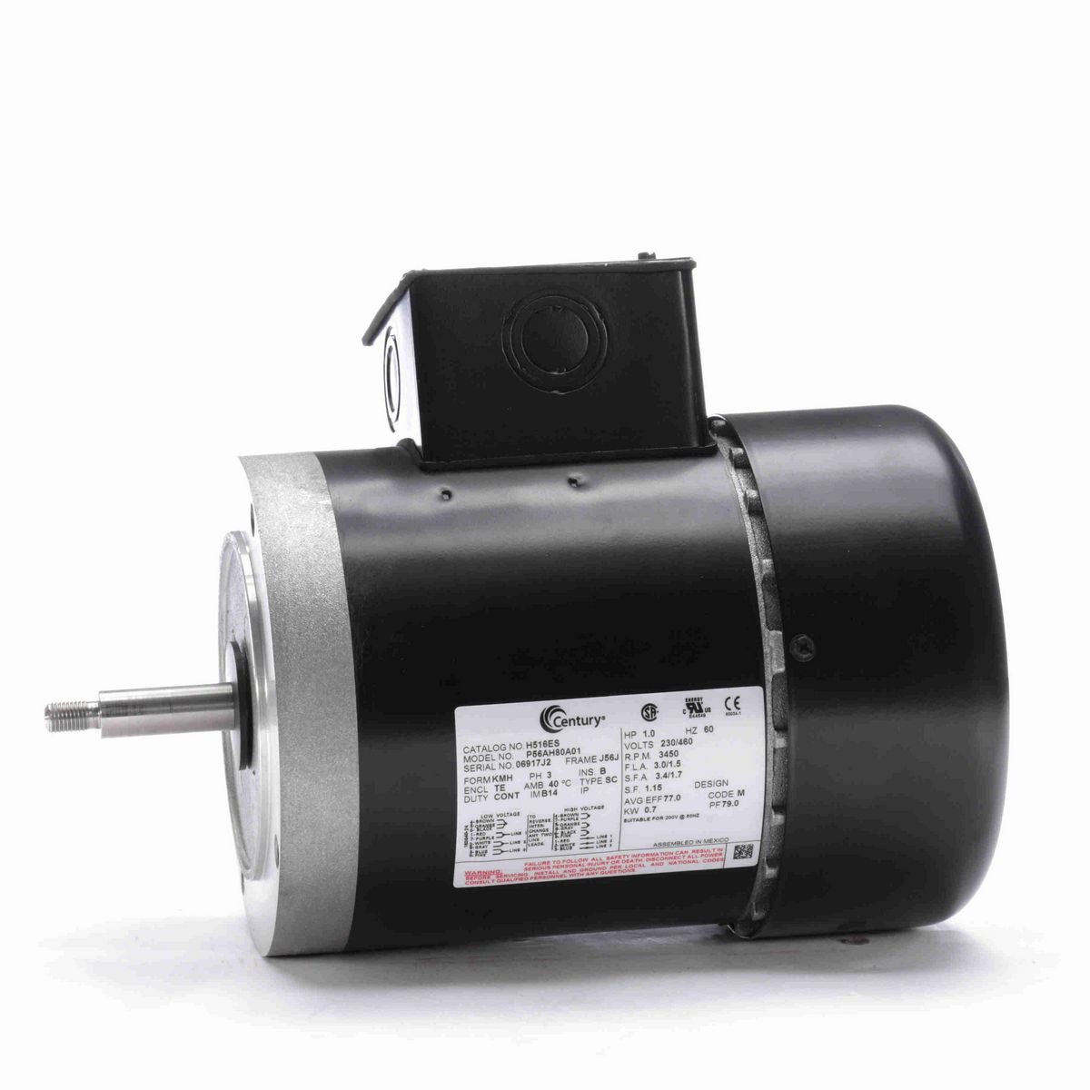 Century General Purpose Pump Motor, 1.0 HP, 3 Ph, 60 Hz, 230/460 V, 3600 RPM, J56J Frame, TEFC - H516ES