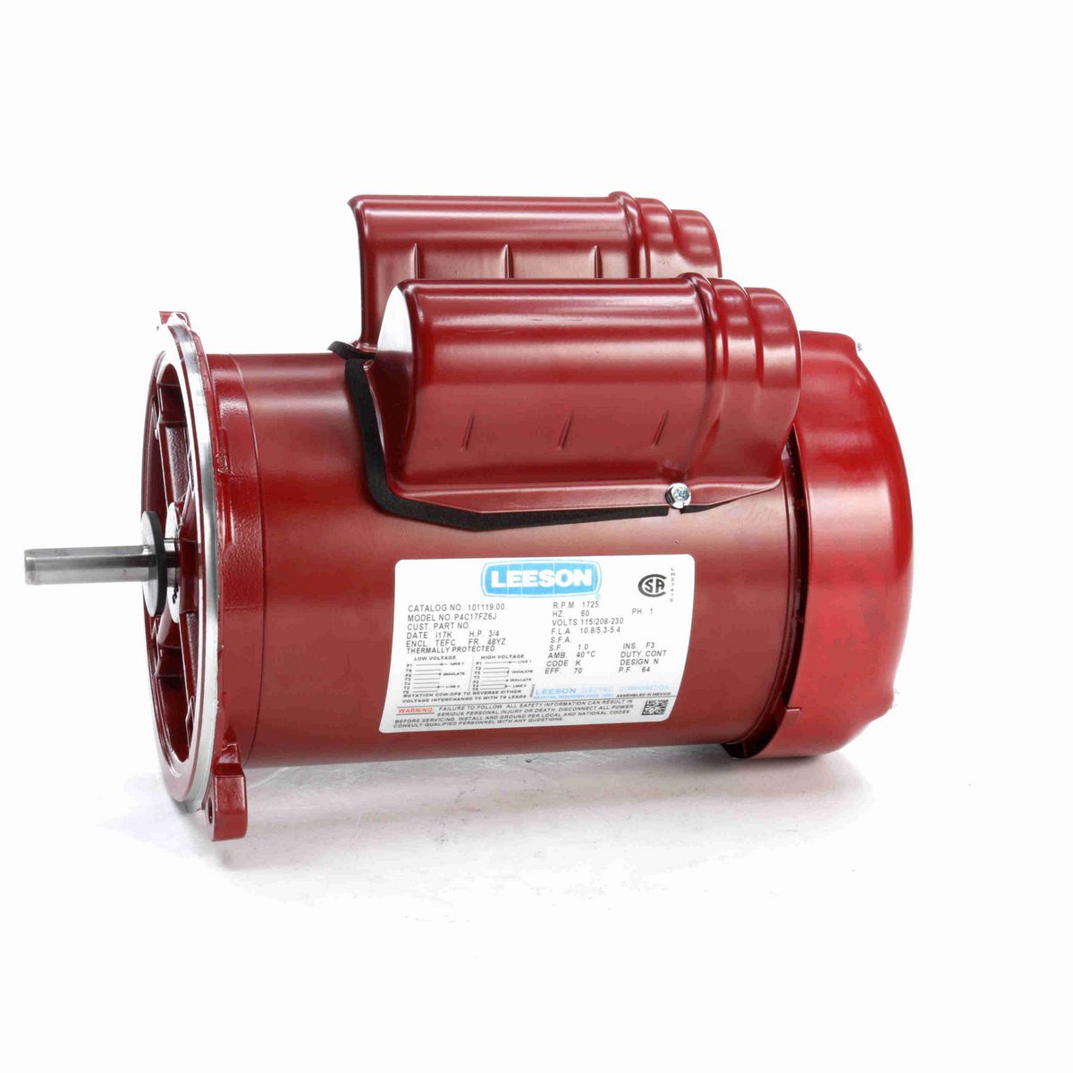 LEESON Auger Drive Motor, 0.75 HP, 1 Ph, 60 Hz, 115/230 V, 1800 RPM, 48Y Frame, TEFC - 101119.00