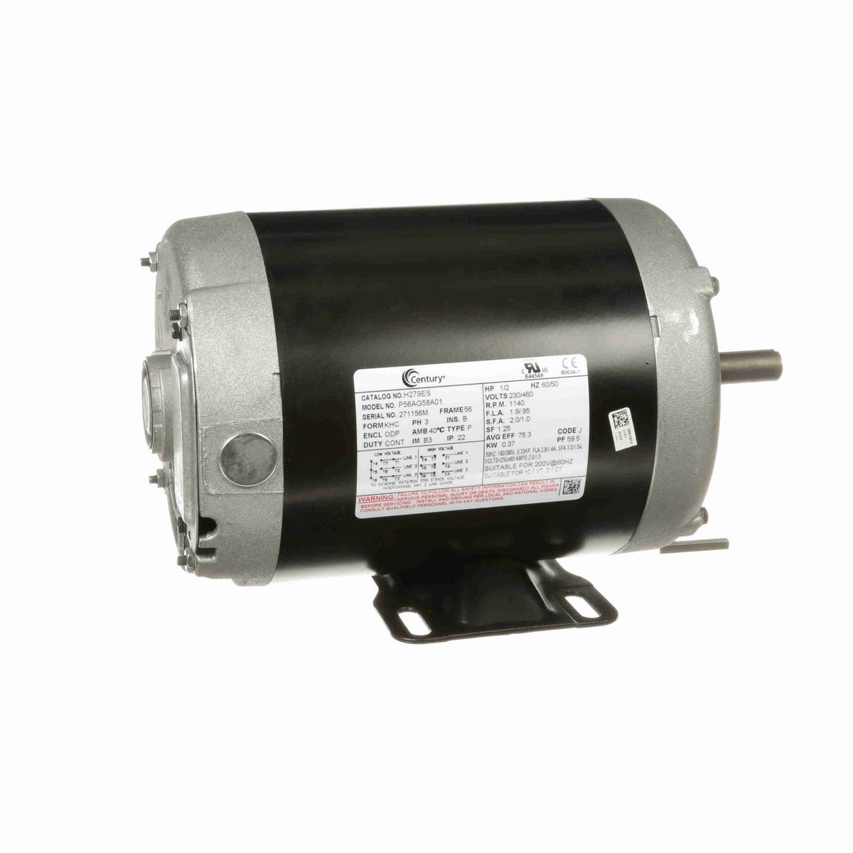 Century General Purpose Motor, .50 HP, 3 Ph, 60 Hz, 230/460 V, 1200 RPM, 56 Frame, ODP - H279ES