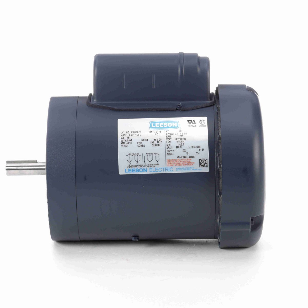 LEESON General Purpose Motor, 0.75 HP, 1 Ph, 60 Hz, 115/230 V, 1800 RPM, 56C Frame, TEFC - 110057.00