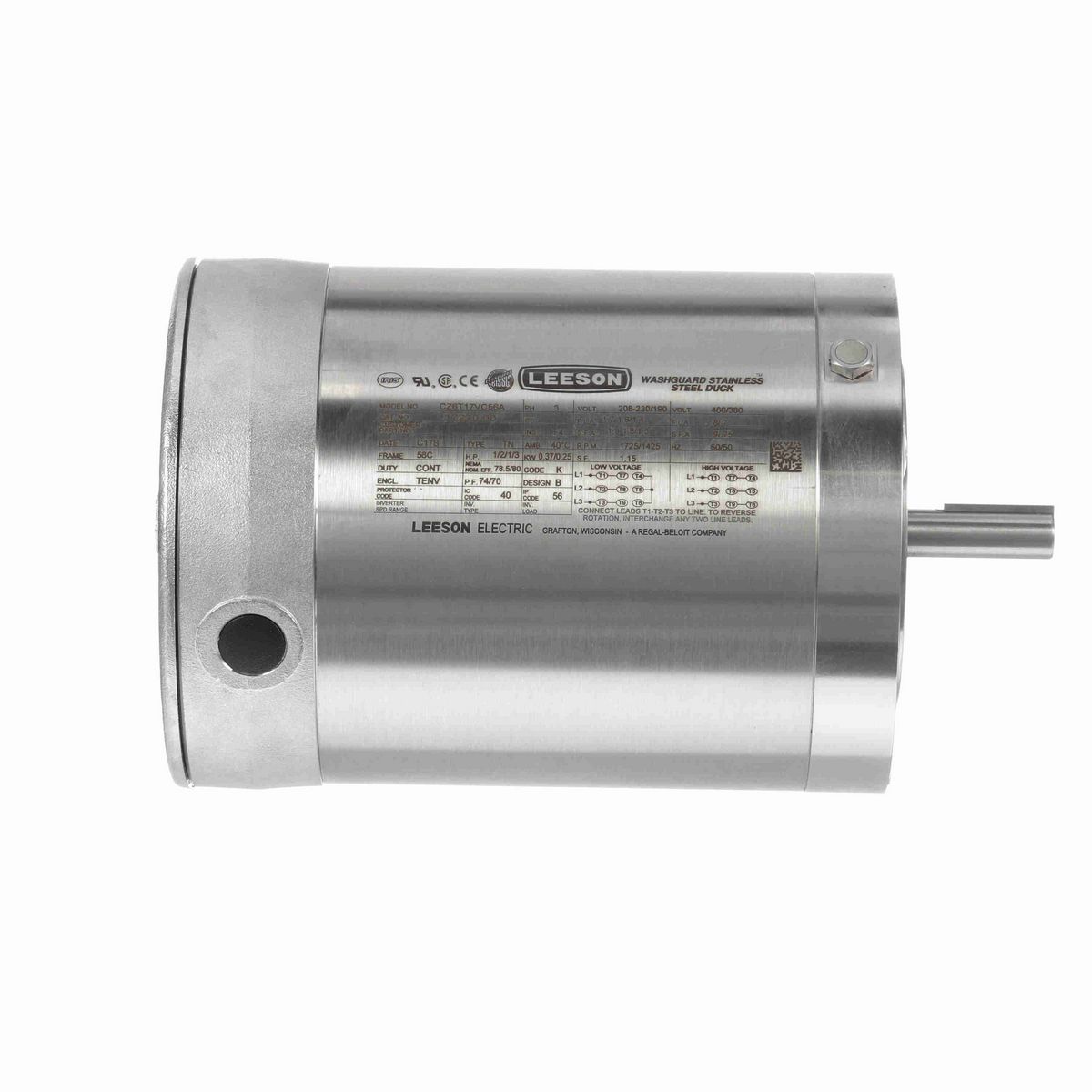 LEESON Premium Duck™ General Purpose Motor, 0.50 & 0.33 HP, 3 Ph, 60 & 50 Hz, 230/460 & 190/380 V, 1800 & 1500 RPM, 56C Frame, TENV - 117270.00