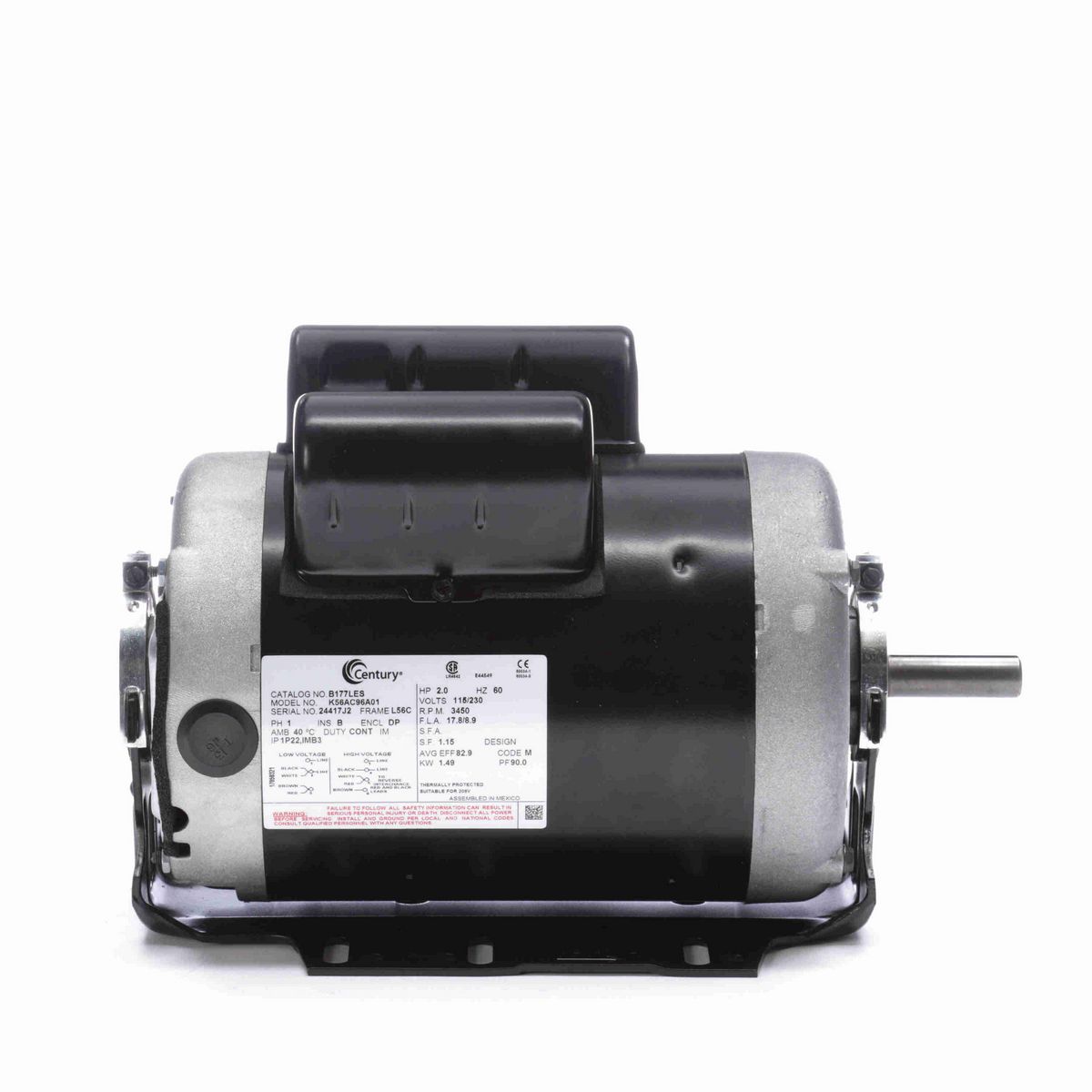 Century General Purpose Motor, 2.0 HP, 1 Ph, 60 Hz, 115/230 V, 3600 RPM, 56 Frame, DP - B177LES