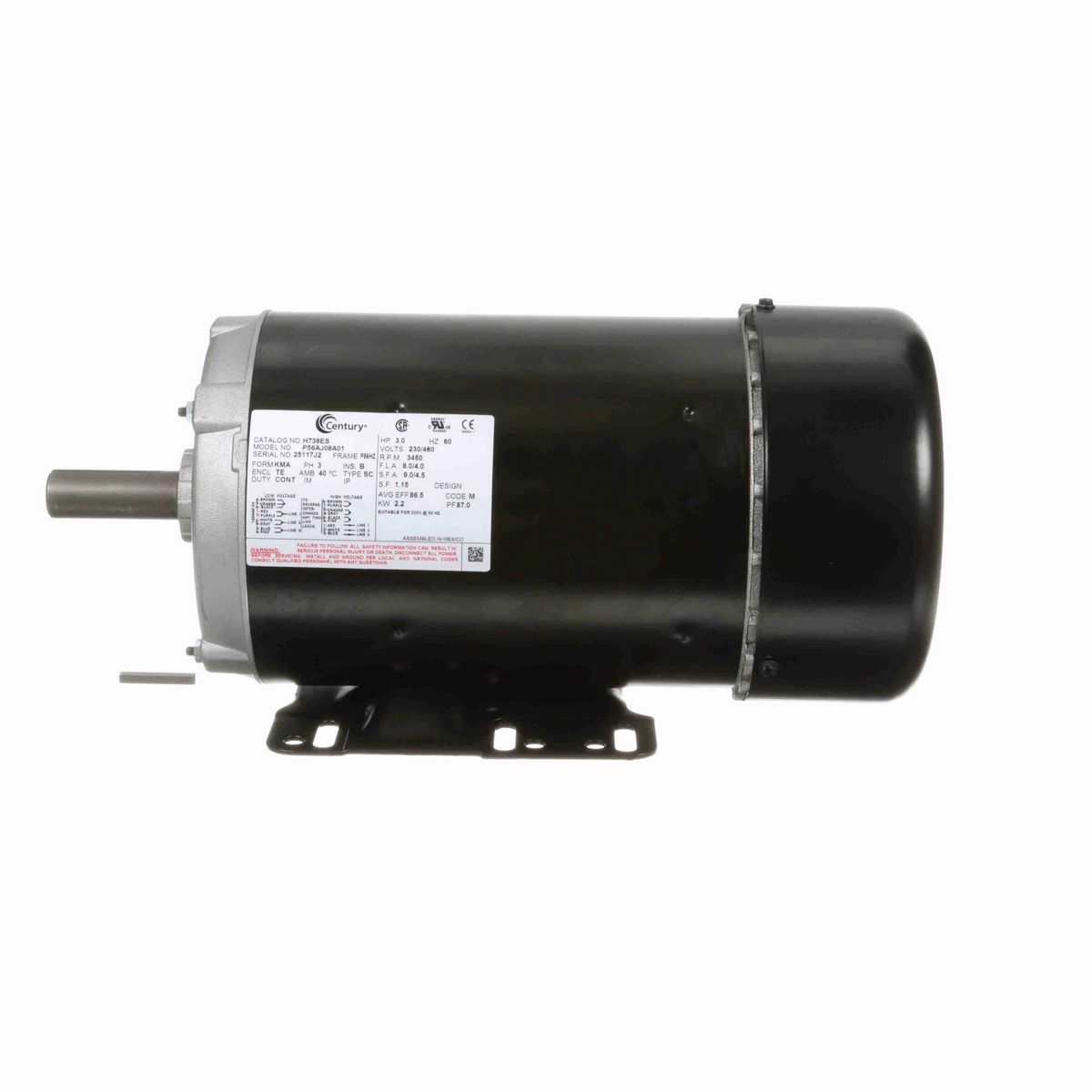 Century General Purpose Motor, 3.0 HP, 3 Ph, 60 Hz, 230/460 V, 3600 RPM, P56HZ Frame, TEFC - H738ES