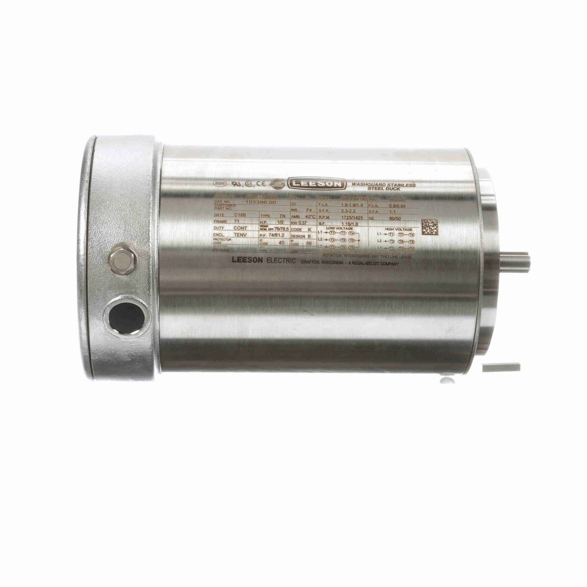 LEESON Premium Duck™ 0.50 HP General Purpose, 3 phase, 1800 RPM, 208-230/460 V, 71 Frame, TENV - 103396.00