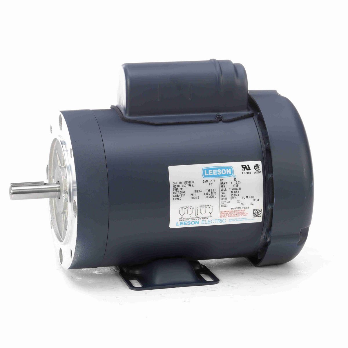 LEESON General Purpose Motor, 1 HP, 1 Ph, 60 Hz, 115/230 V, 1800 RPM, 56C Frame, TEFC - 110908.00