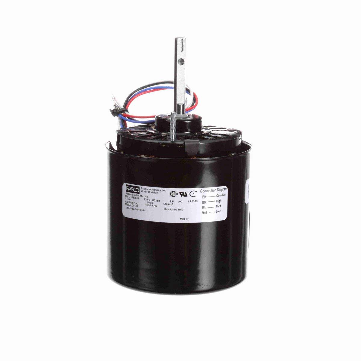 FASCO OEM Replacement Motor, 1/50-1/80-1/140 HP, 1 Ph, 60 Hz, 115 V, 1550 RPM, 3 Speed, 3.3" Diameter, OAO - D1138