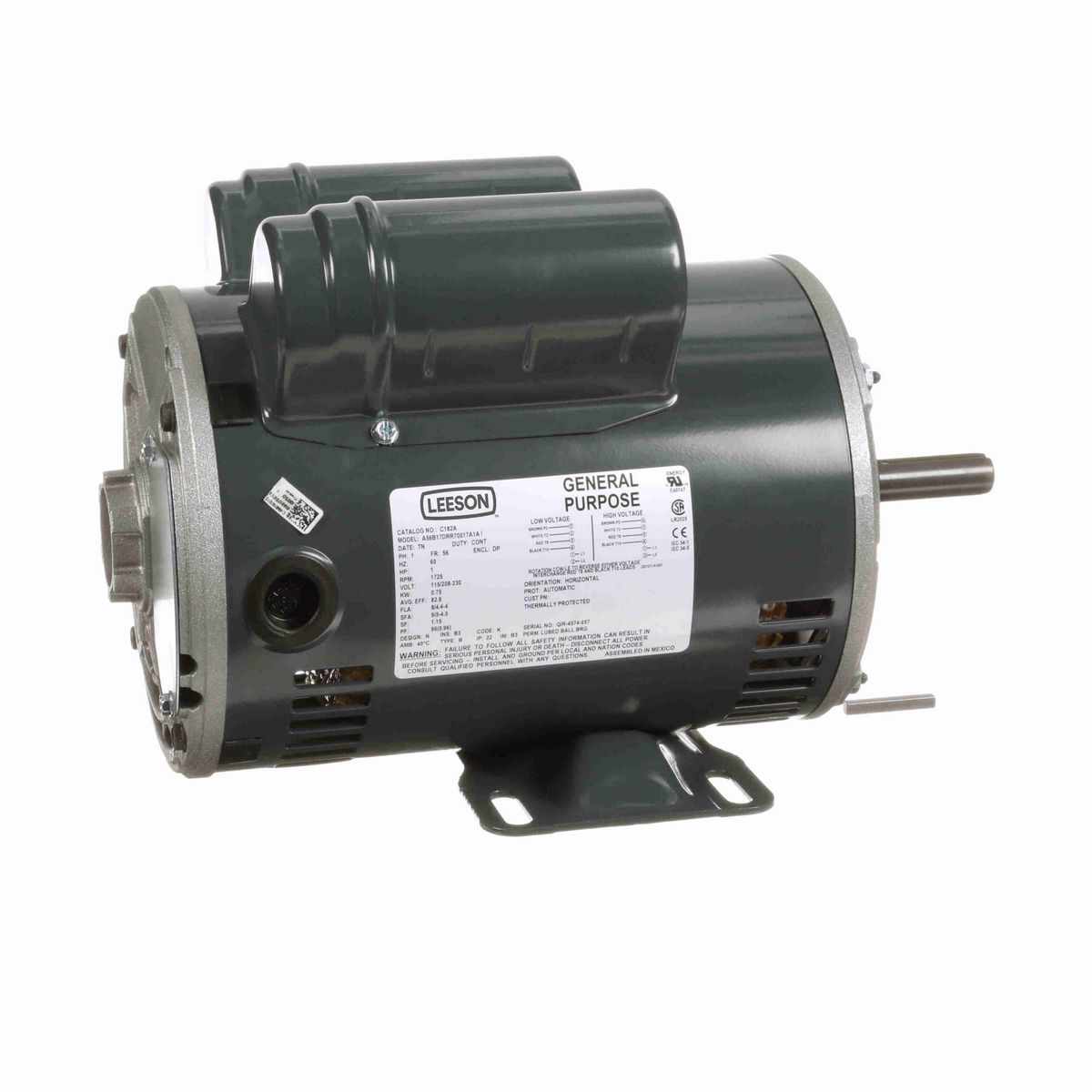 LEESON General Purpose Motor, 1 HP, 1 Ph, 60 Hz, 115/208-230 V, 1800 RPM, 56 Frame, DP - C182A