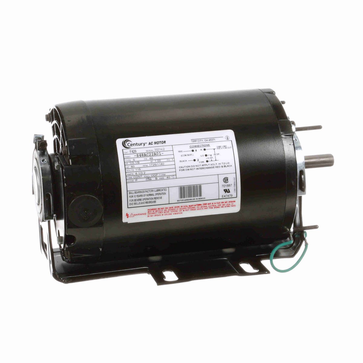 Century General Purpose Motor, 1/3-1/9 HP, 1 Ph, 60 Hz, 115 V, 1800 RPM, 48 Frame, ODP - F429