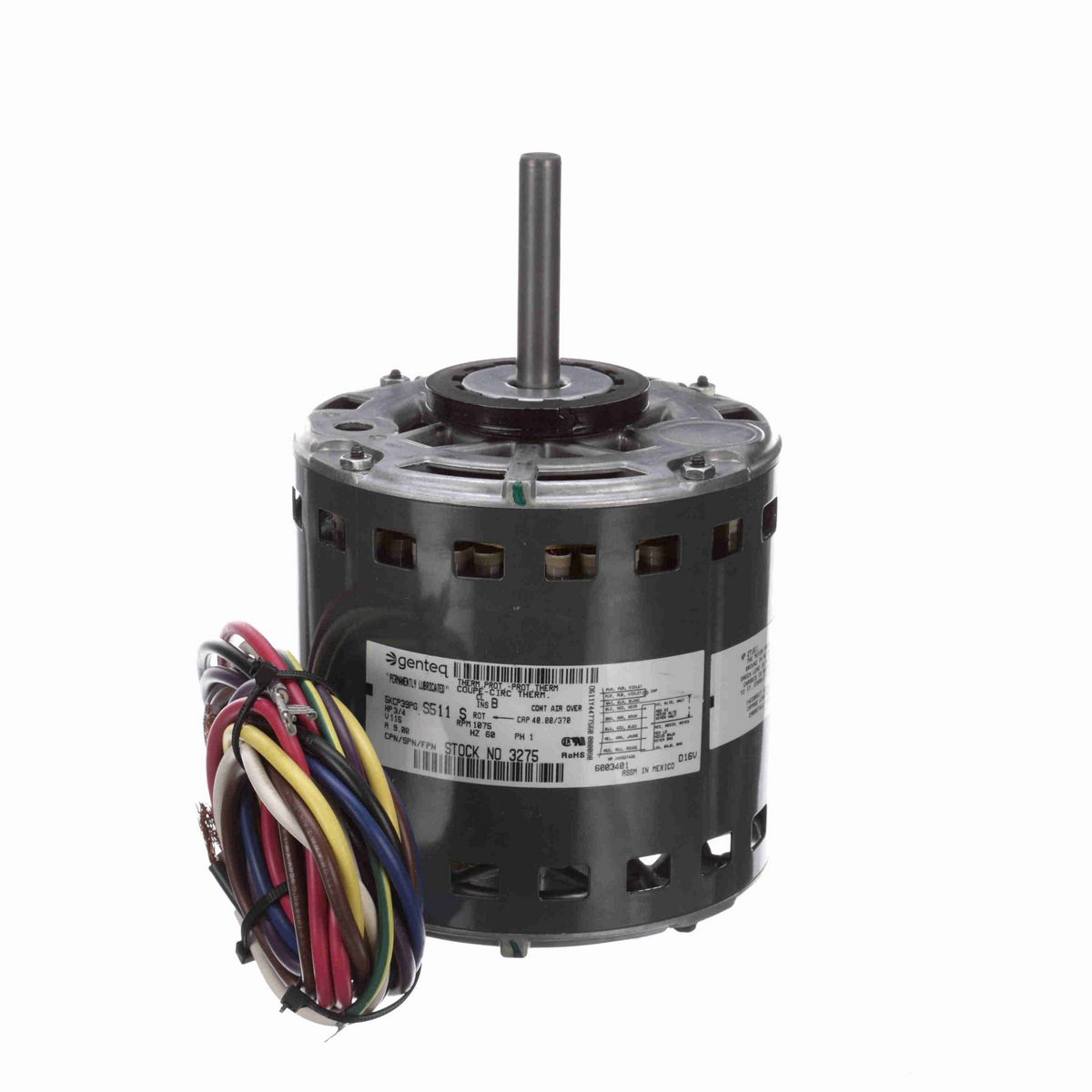 Genteq OEM Replacement Motor, 3/4 HP, 1 Ph, 60 Hz, 115 V, 1075 RPM, 5 Speed, 48 Frame, OPAO - 3275