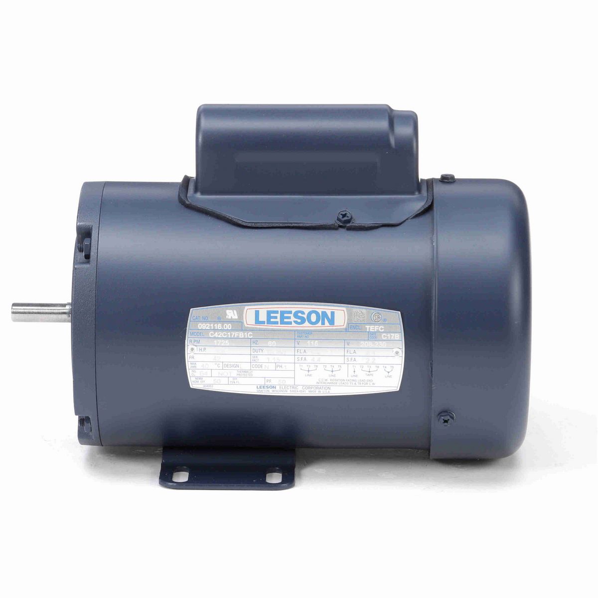 LEESON General Purpose Motor, 0.17 HP, 1 Ph, 60 Hz, 115/208-230 V, 1800 RPM, 42 Frame, TEFC - 092116.00