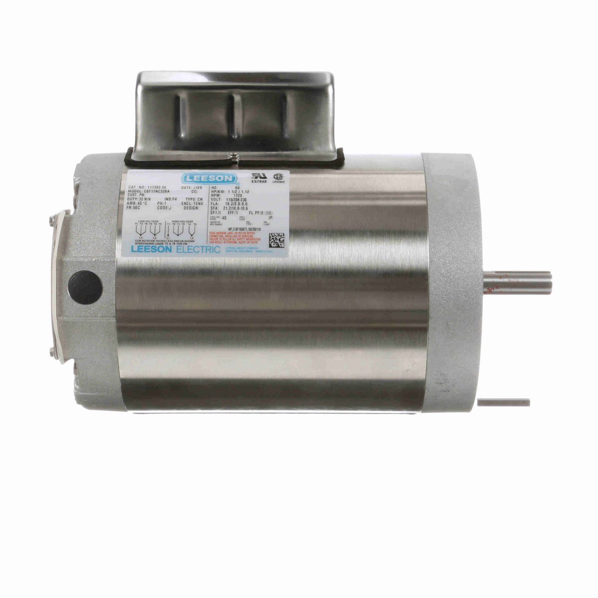 LEESON General Purpose Motor, 1.50 HP, 1 Ph, 60 Hz, 115/208-230 V, 1800 RPM, 56C Frame, TENV - 117383.00