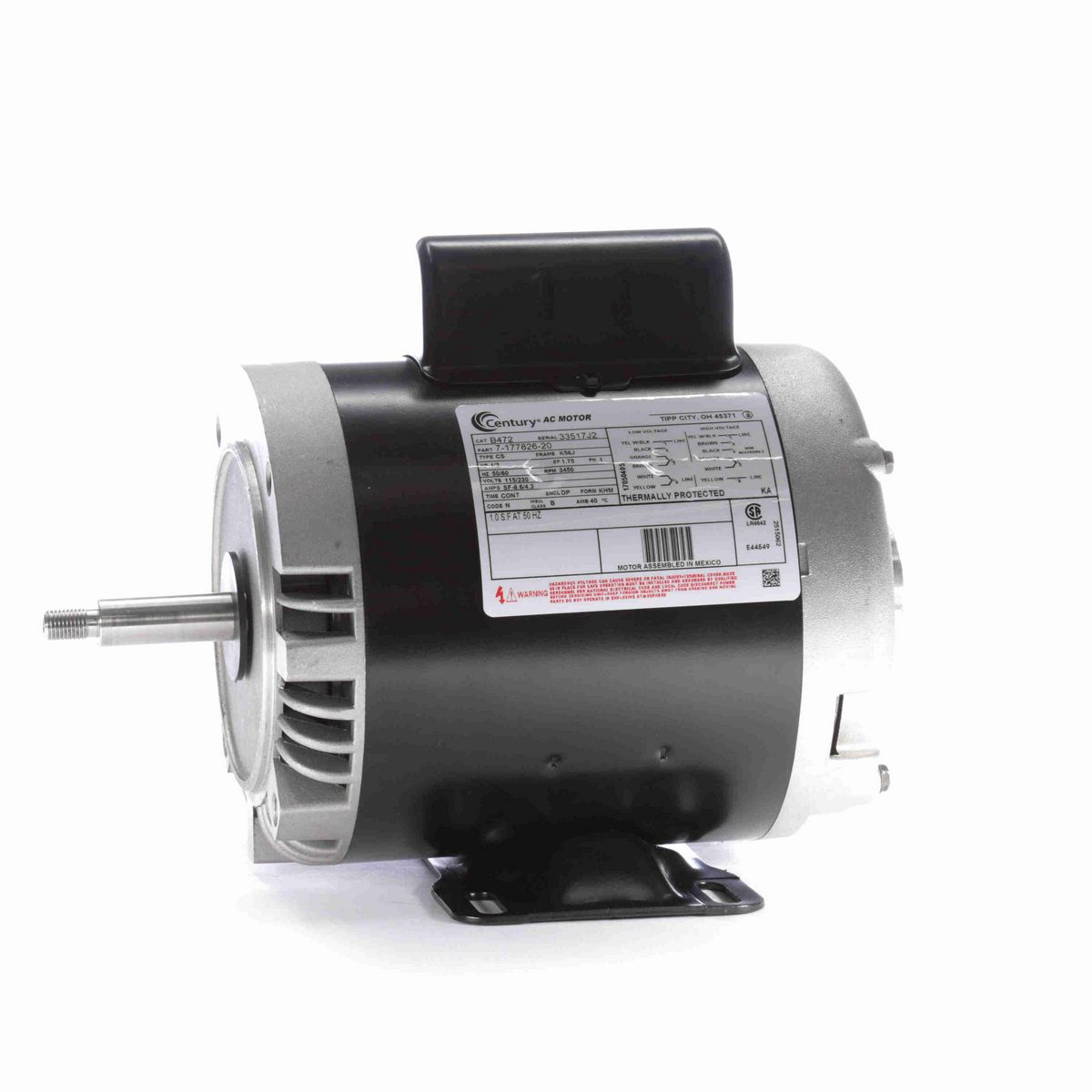 Century Centrifugal Pumps Motor, 1/3 HP, 1 Ph, 60 Hz, 115/230 V, 3000 RPM, K56J Frame, DP - B472