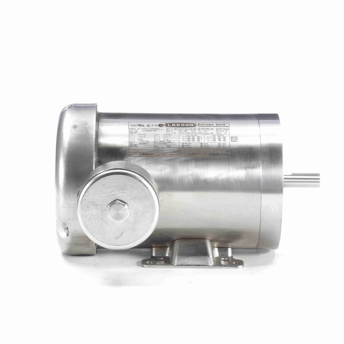 LEESON Extreme Duck® Ultra General Purpose Motor, 1.50 & 1 HP, 3 Ph, 60 & 50 Hz, 230/460 & 190/380 V, 1800 & 1500 RPM, 56C Frame, TEFC - 119522.00