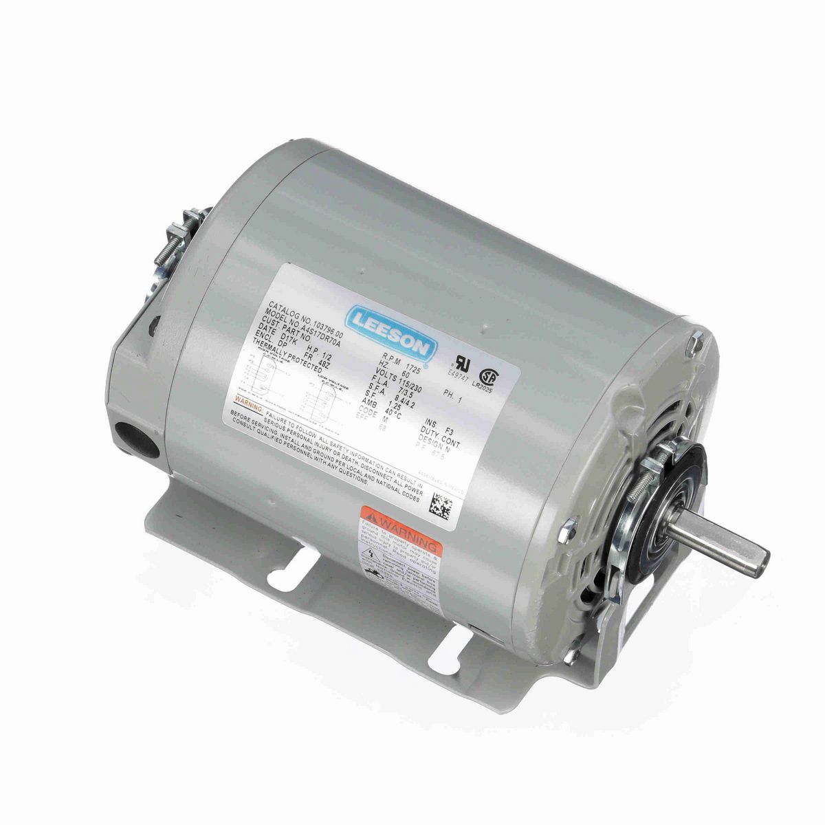 LEESON Refrigeration Motor, 0.50 HP, 1 Ph, 60 Hz, 115/230 V, 1800 RPM, 48Z Frame, DP - 103796.00