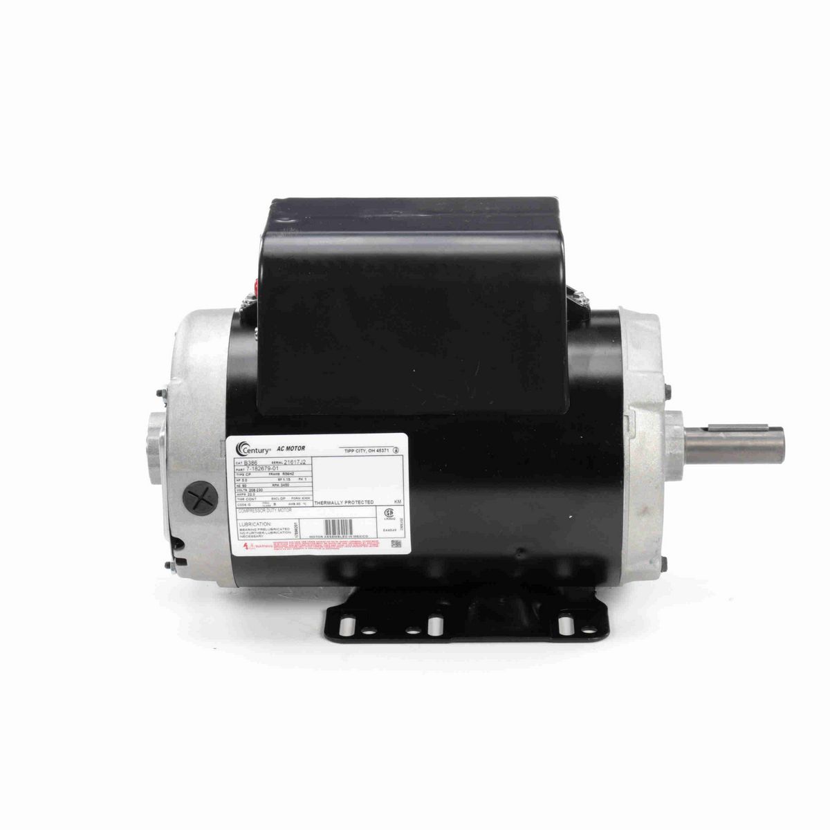 Century Air Compressor Motor, 5.0 HP, 1 Ph, 60 Hz, 208-230 V, 3600 RPM, R56HZ Frame, DP - B386