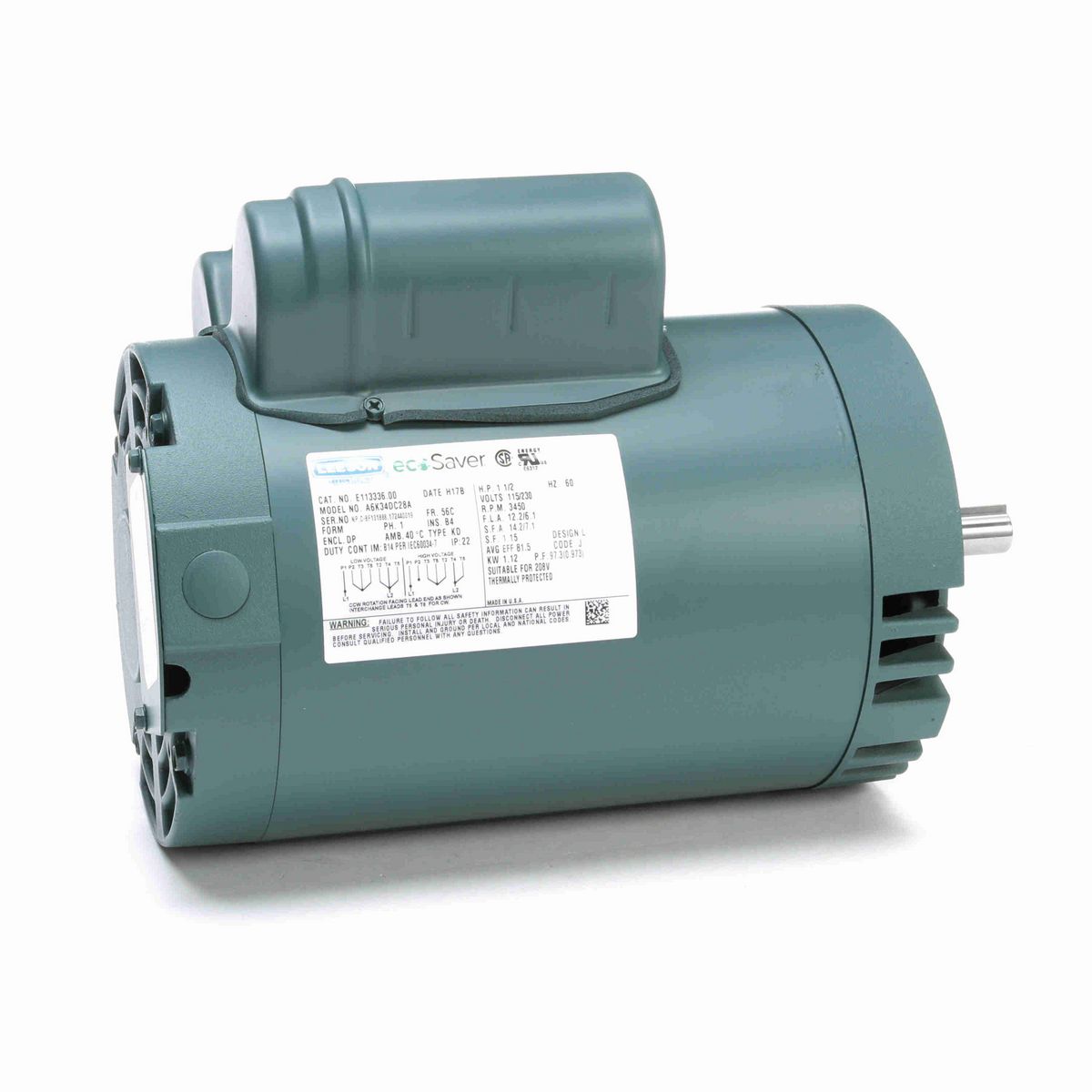 LEESON ecoSaver™ General Purpose Motor, 1.50 HP, 1 Ph, 60 Hz, 115/230 V, 3600 RPM, 56C Frame, DP - E113336.00