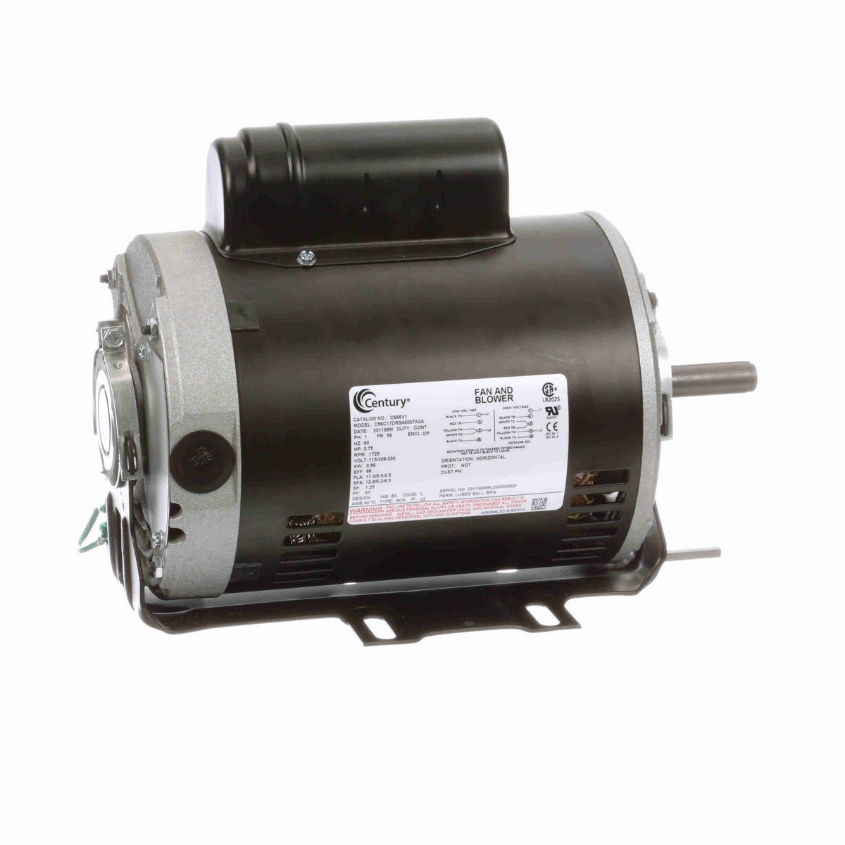 Century Fan and Blower Motor, 0.75 HP, 1 Ph, 60 Hz, 115/208-230 V, 1800 RPM, 56 Frame, DP - C666V1