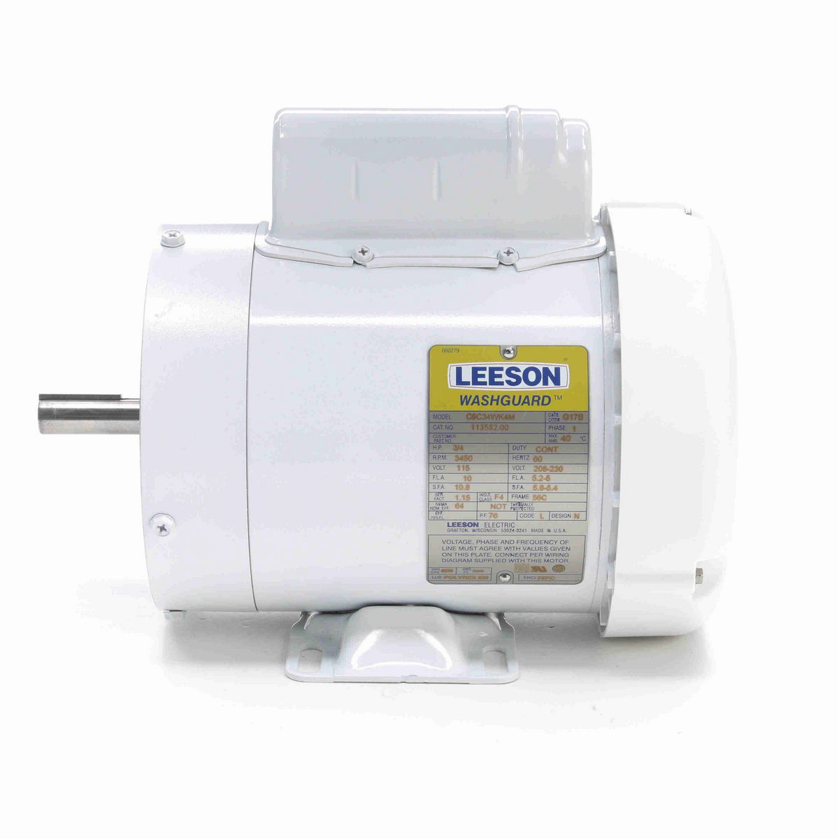 LEESON White Duck™ General Purpose Motor, 0.75 HP, 1 Ph, 60 Hz, 115/230 V, 3600 RPM, 56C Frame, TEFC - 113582.00